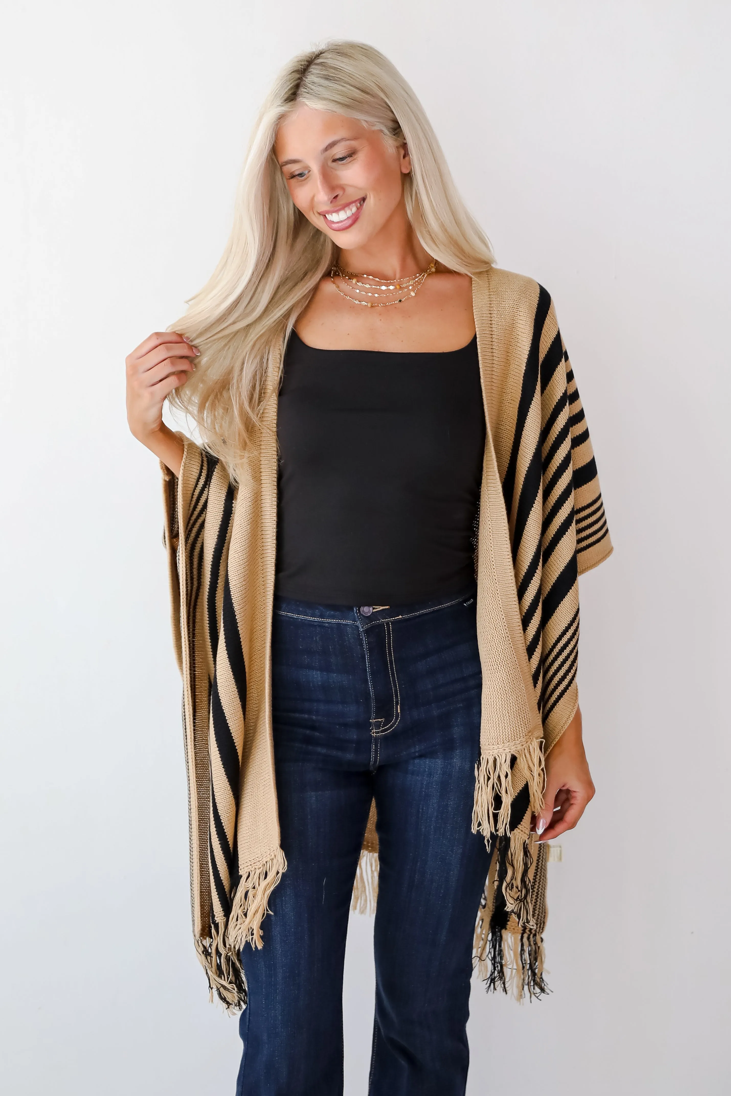 FINAL SALE - Comfy Concept Beige Striped Fringe Kimono - DOORBUSTER