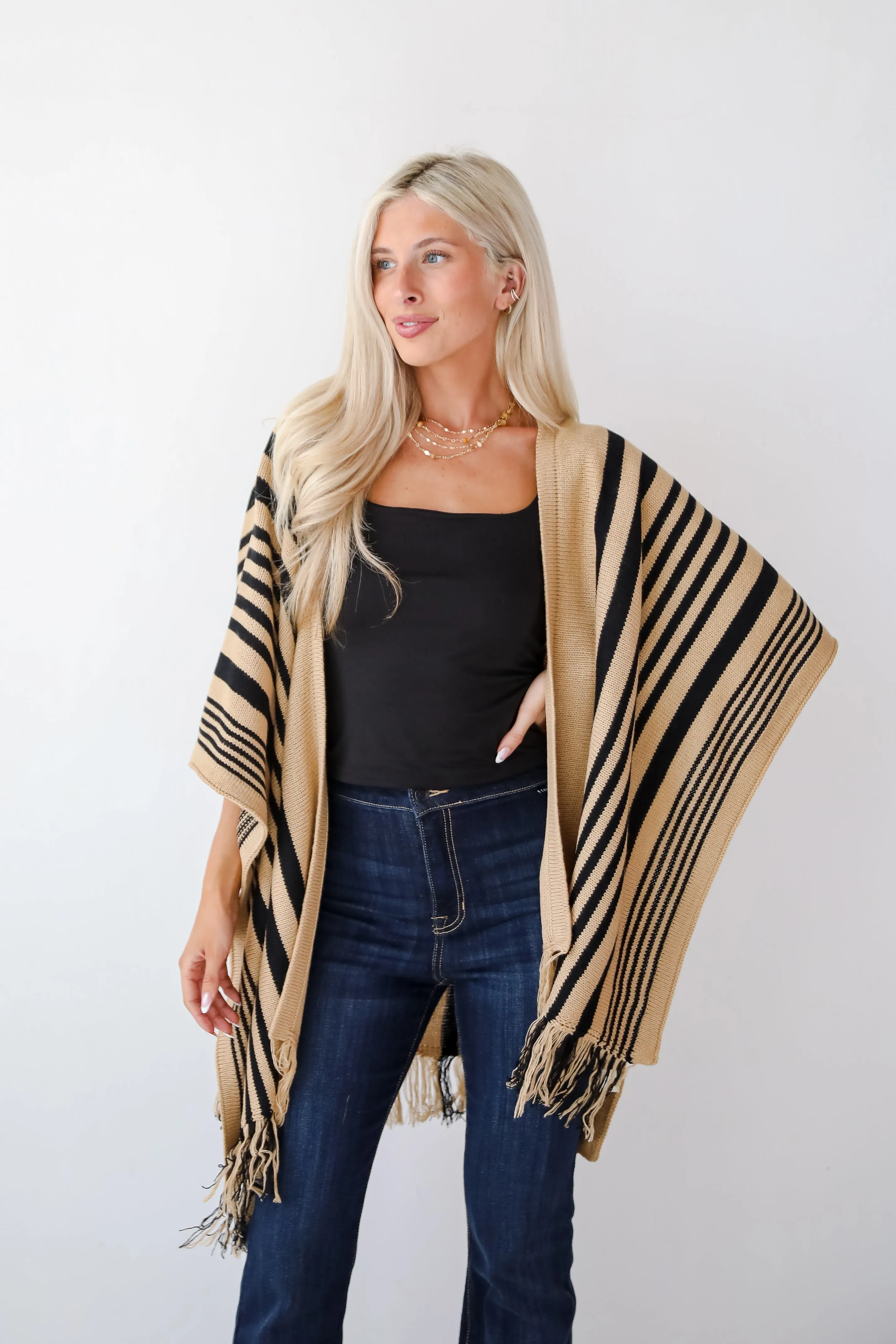 FINAL SALE - Comfy Concept Beige Striped Fringe Kimono - DOORBUSTER