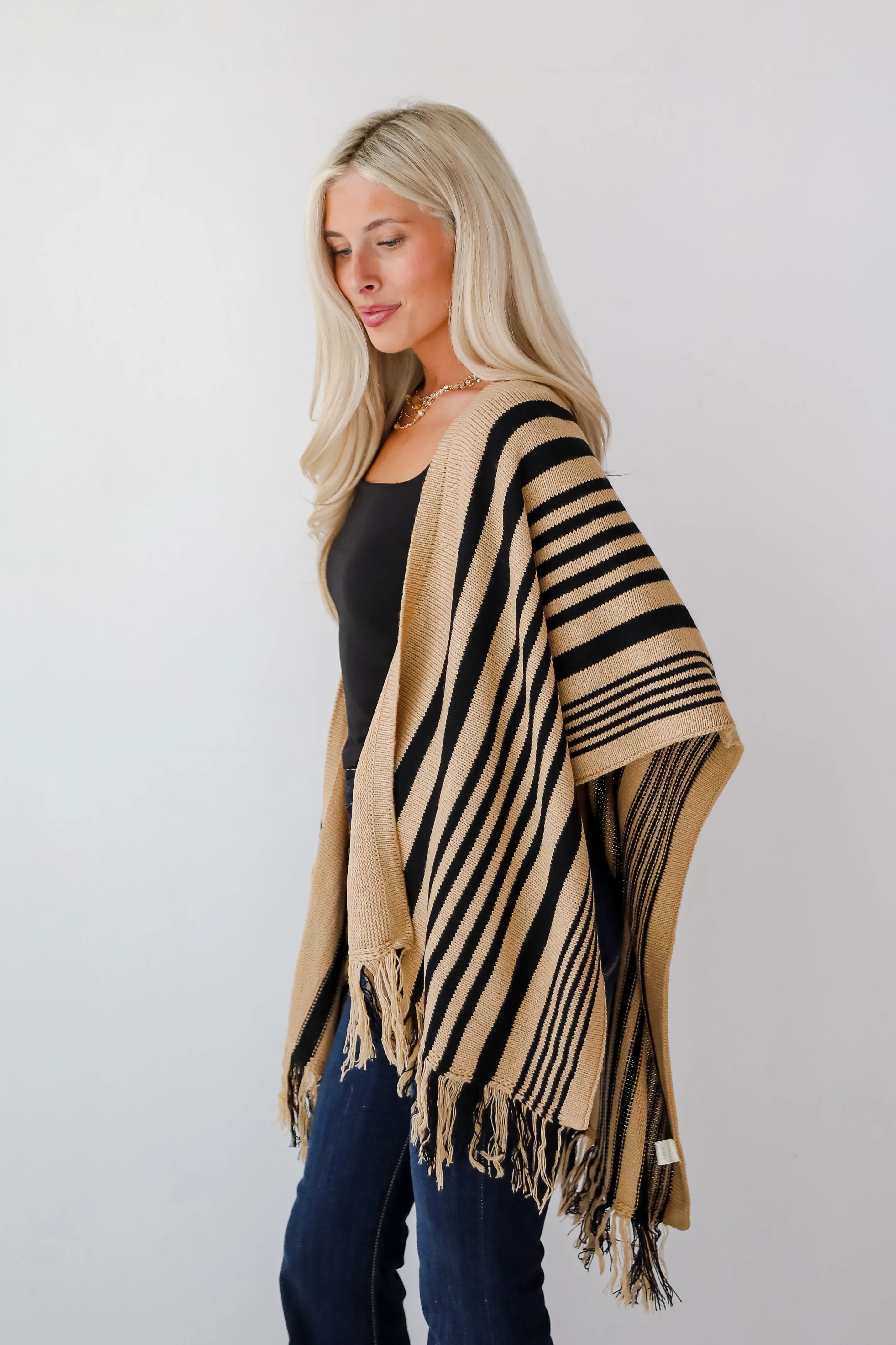 FINAL SALE - Comfy Concept Beige Striped Fringe Kimono - DOORBUSTER
