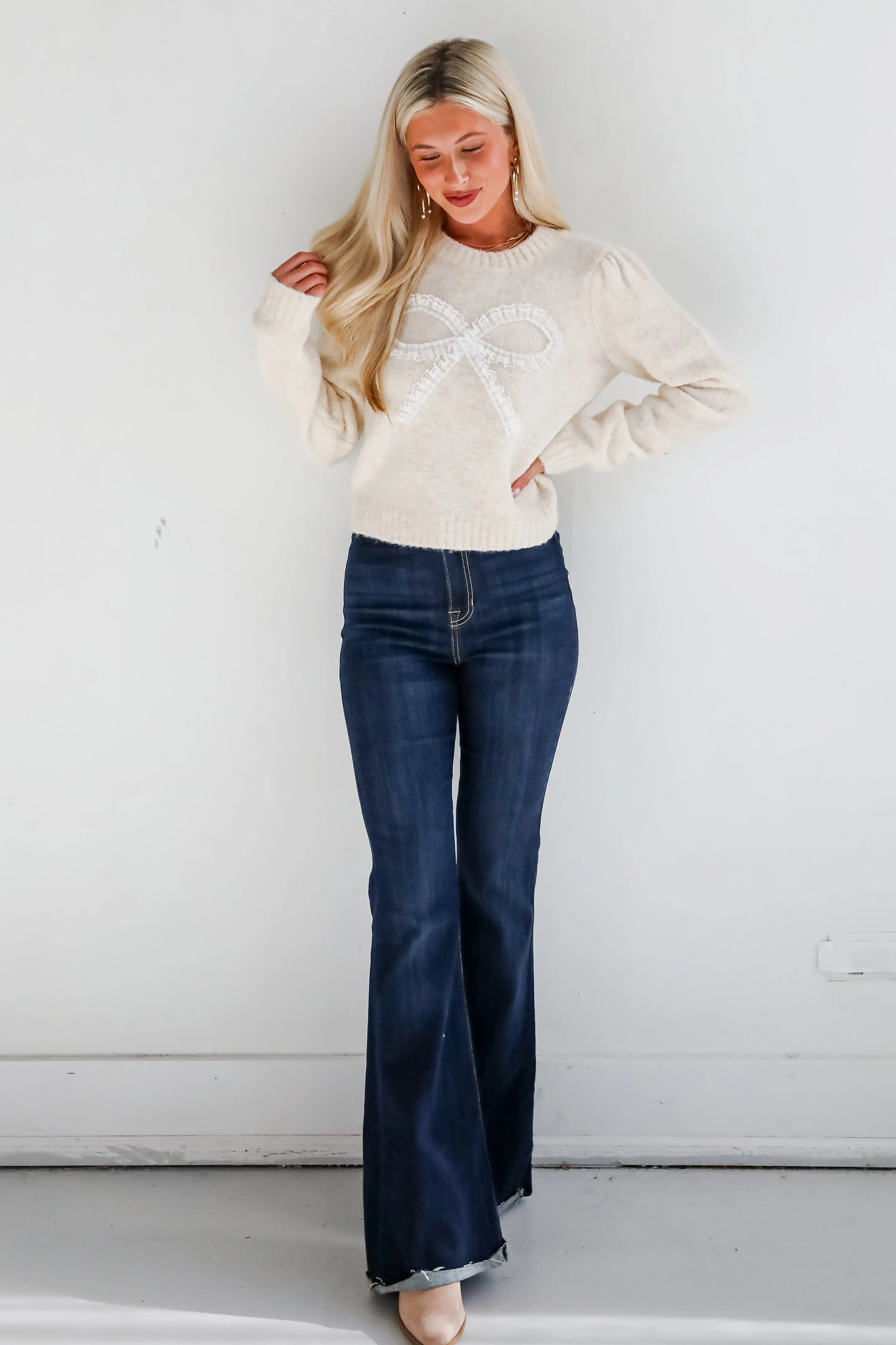 FINAL SALE - Constantly A Cutie Cream Lace Bow Sweater