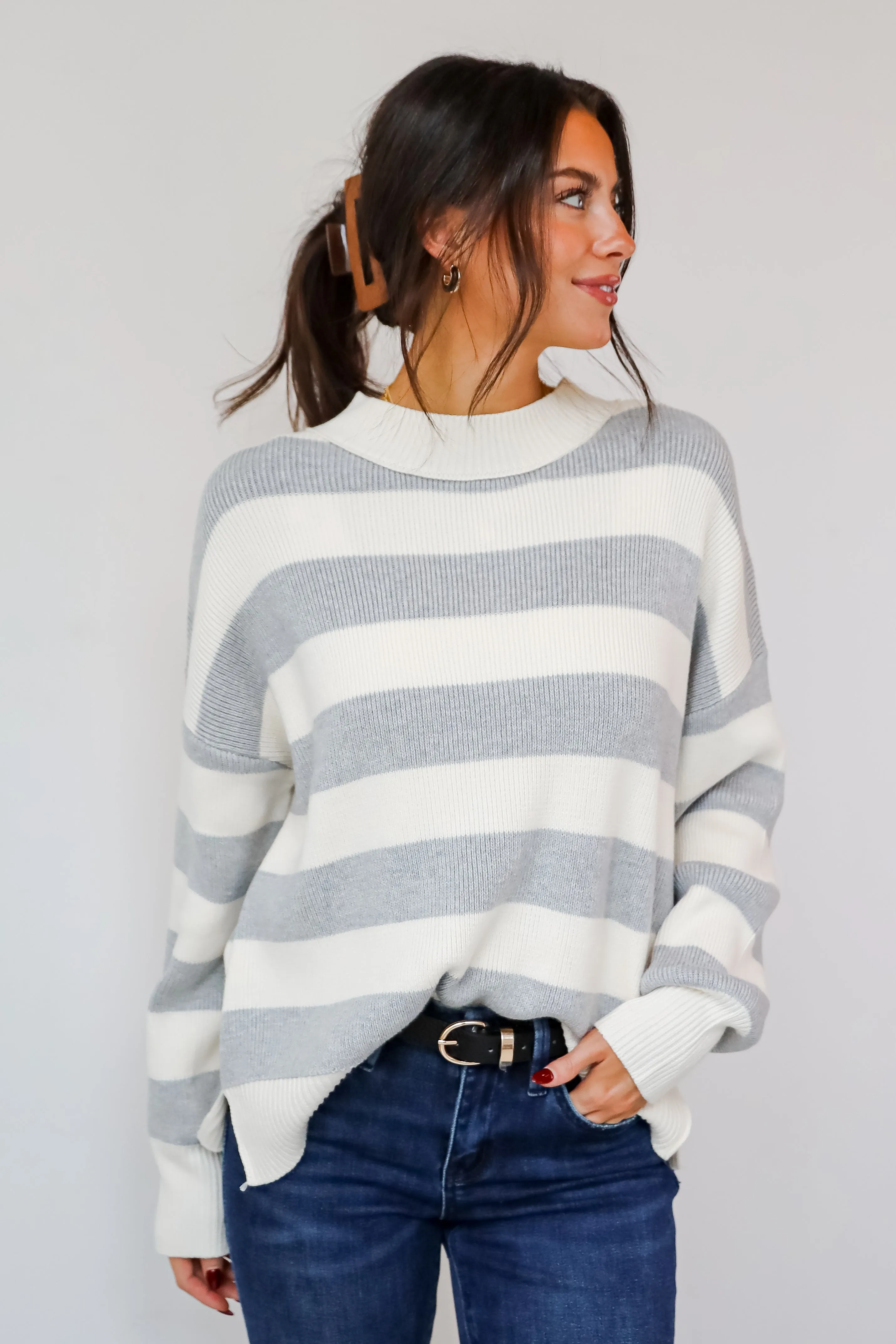 FINAL SALE - Coveted Coziness Heather Grey Oversized Striped Sweater