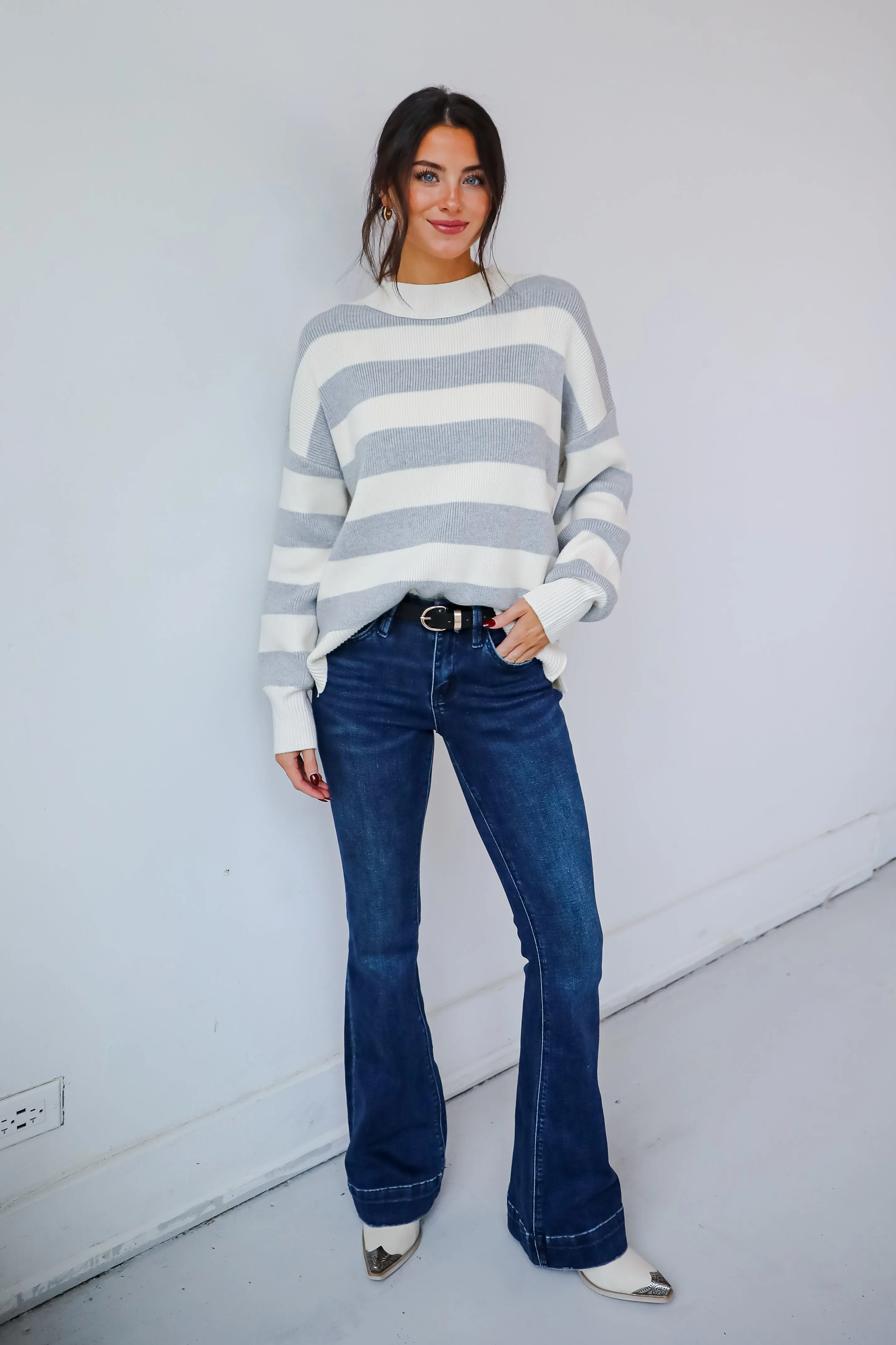 FINAL SALE - Coveted Coziness Heather Grey Oversized Striped Sweater