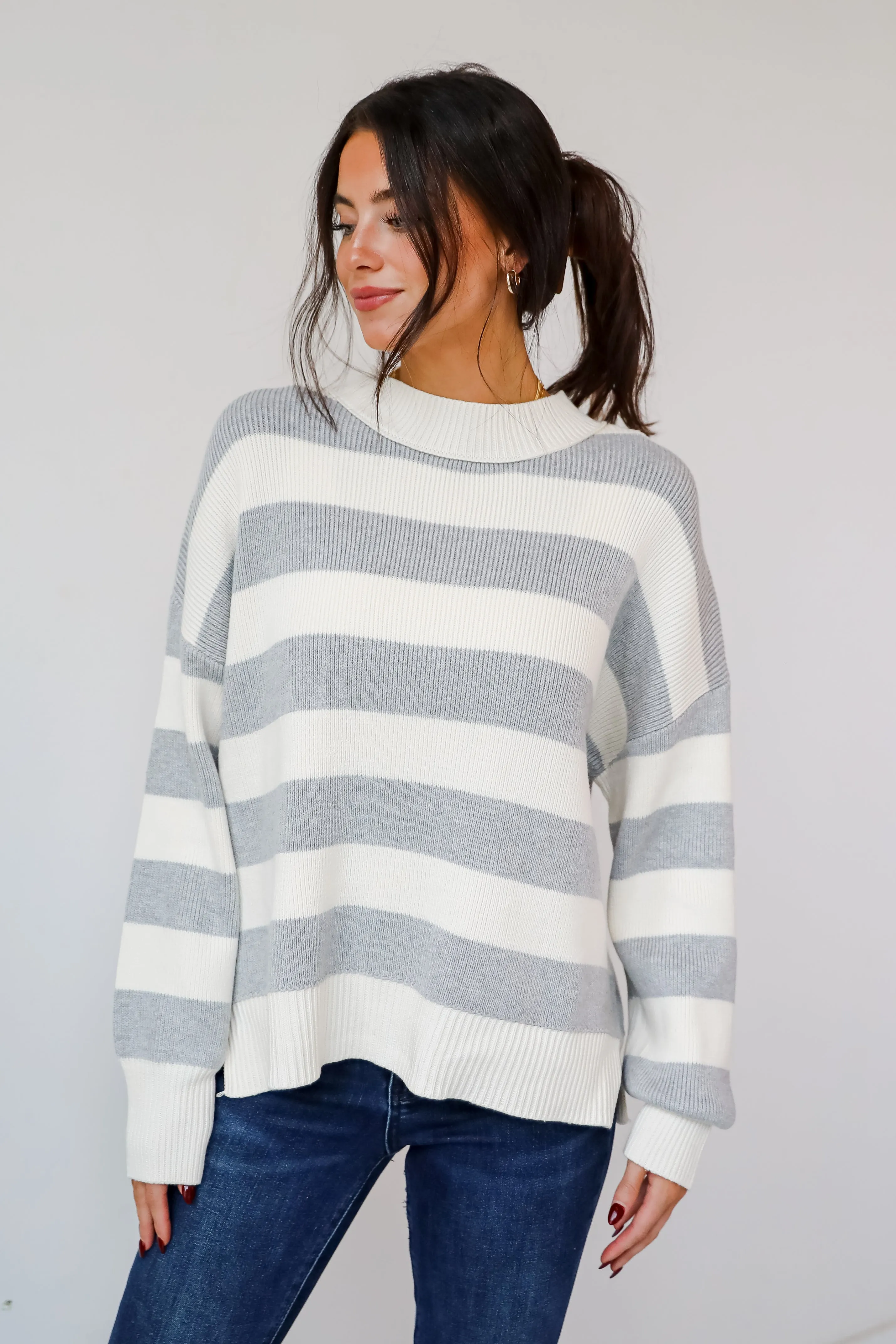 FINAL SALE - Coveted Coziness Heather Grey Oversized Striped Sweater