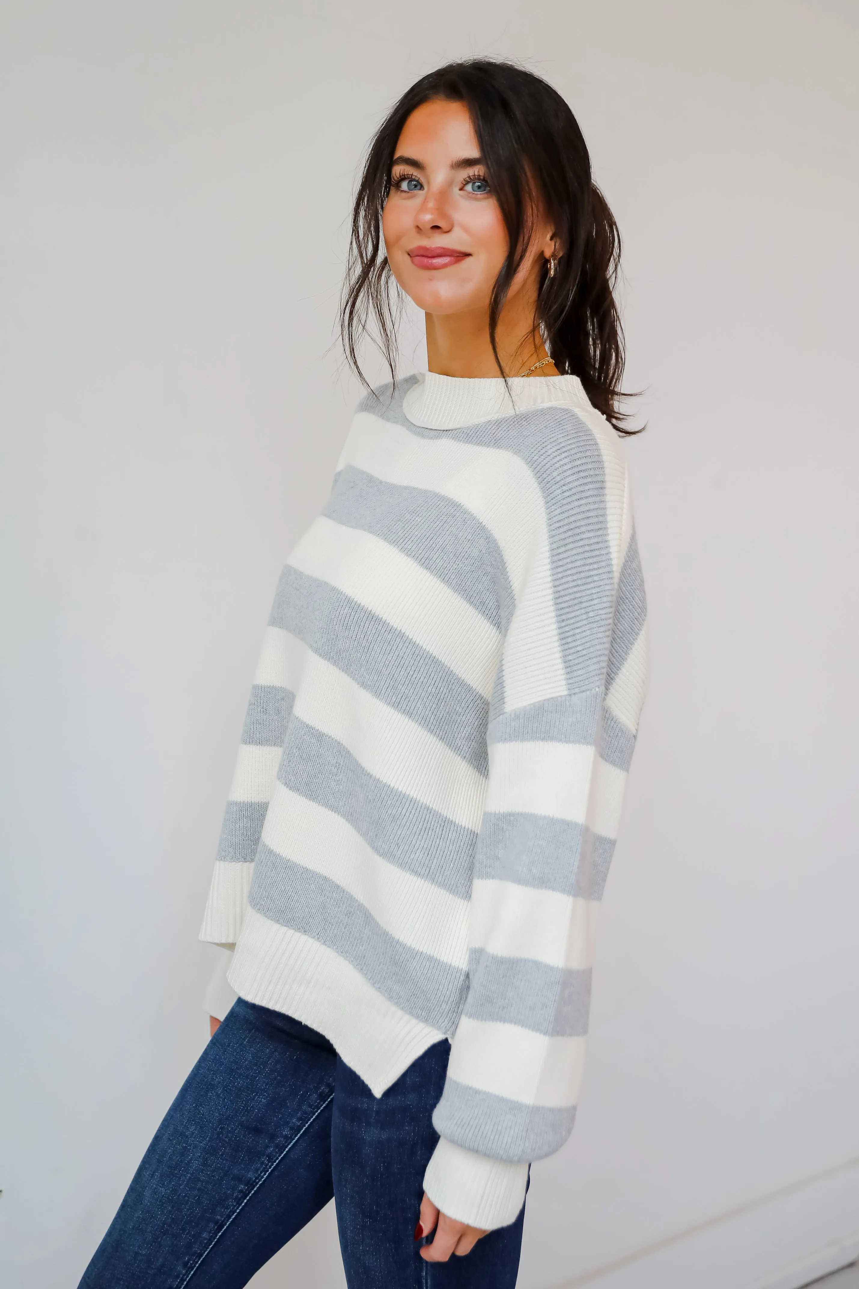 FINAL SALE - Coveted Coziness Heather Grey Oversized Striped Sweater