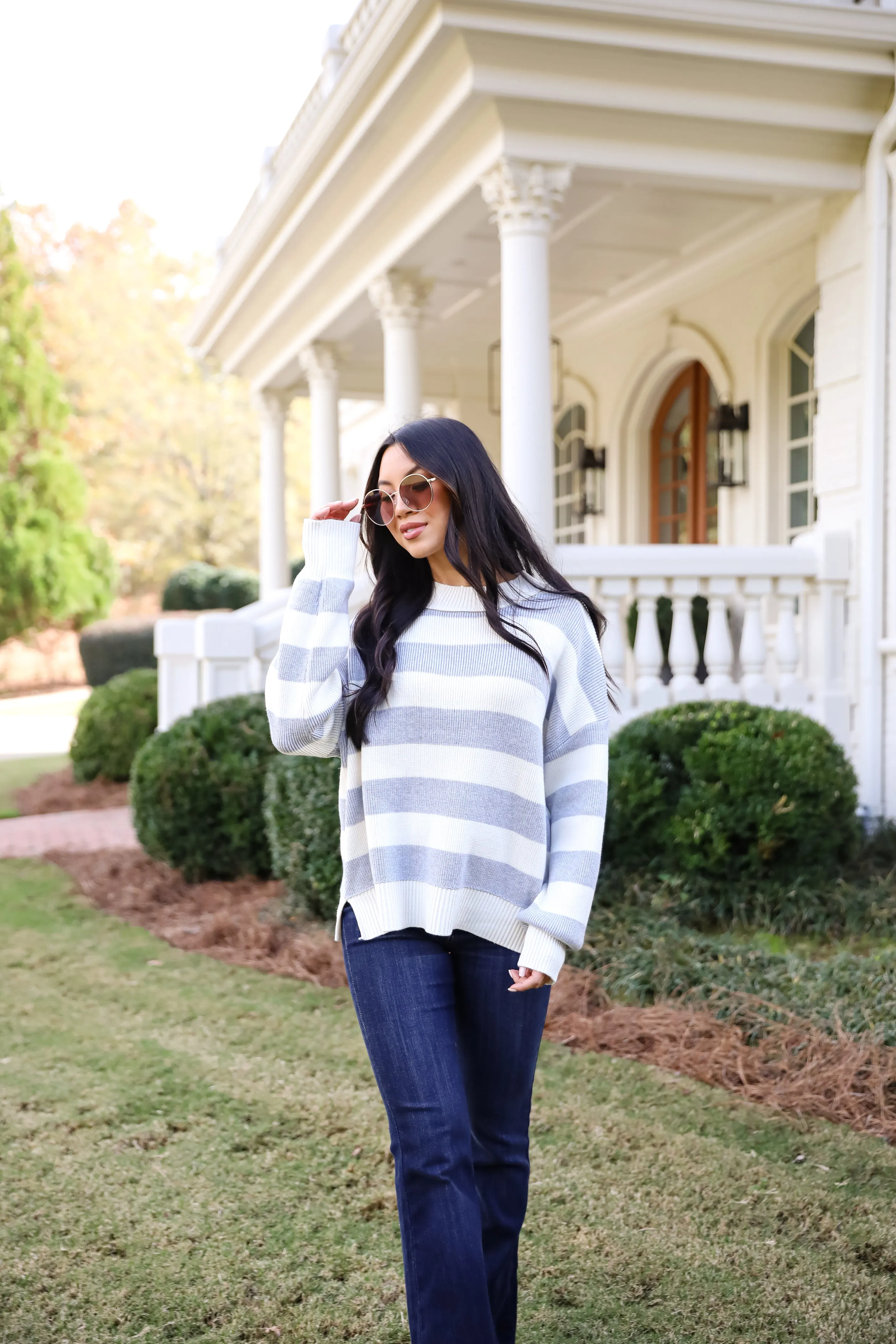 FINAL SALE - Coveted Coziness Heather Grey Oversized Striped Sweater
