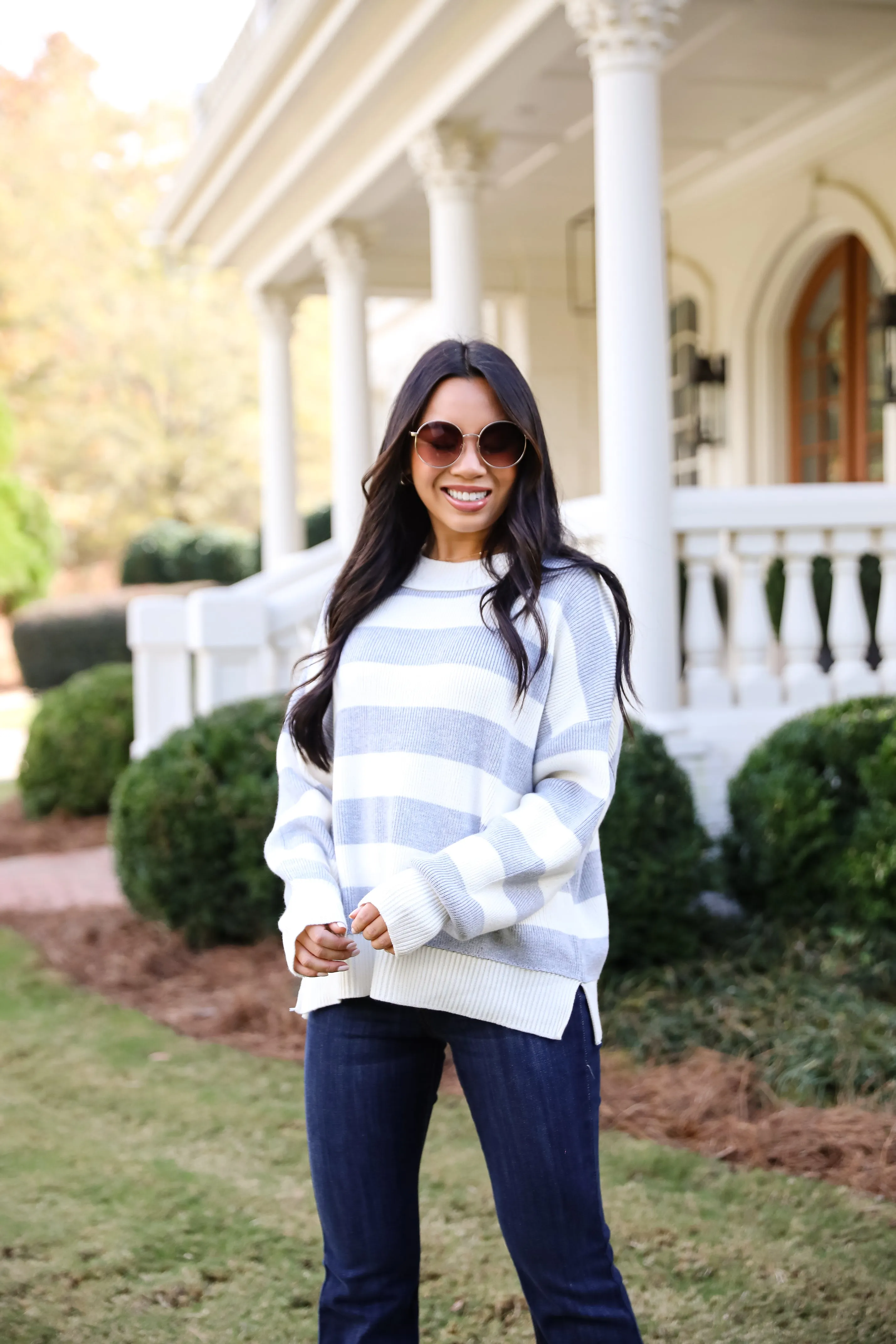 FINAL SALE - Coveted Coziness Heather Grey Oversized Striped Sweater