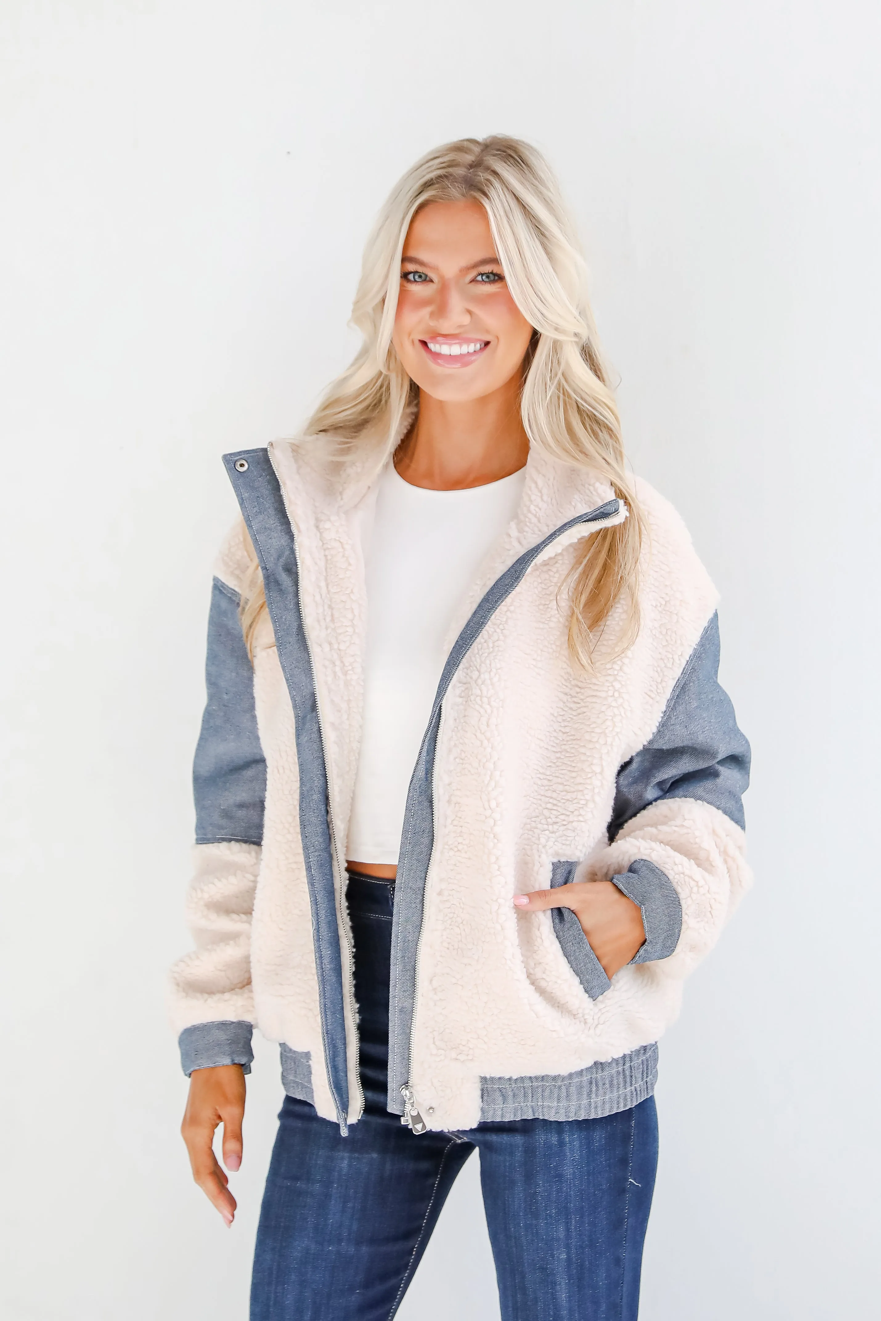 FINAL SALE - Cozier Days Cream Sherpa Denim Jacket