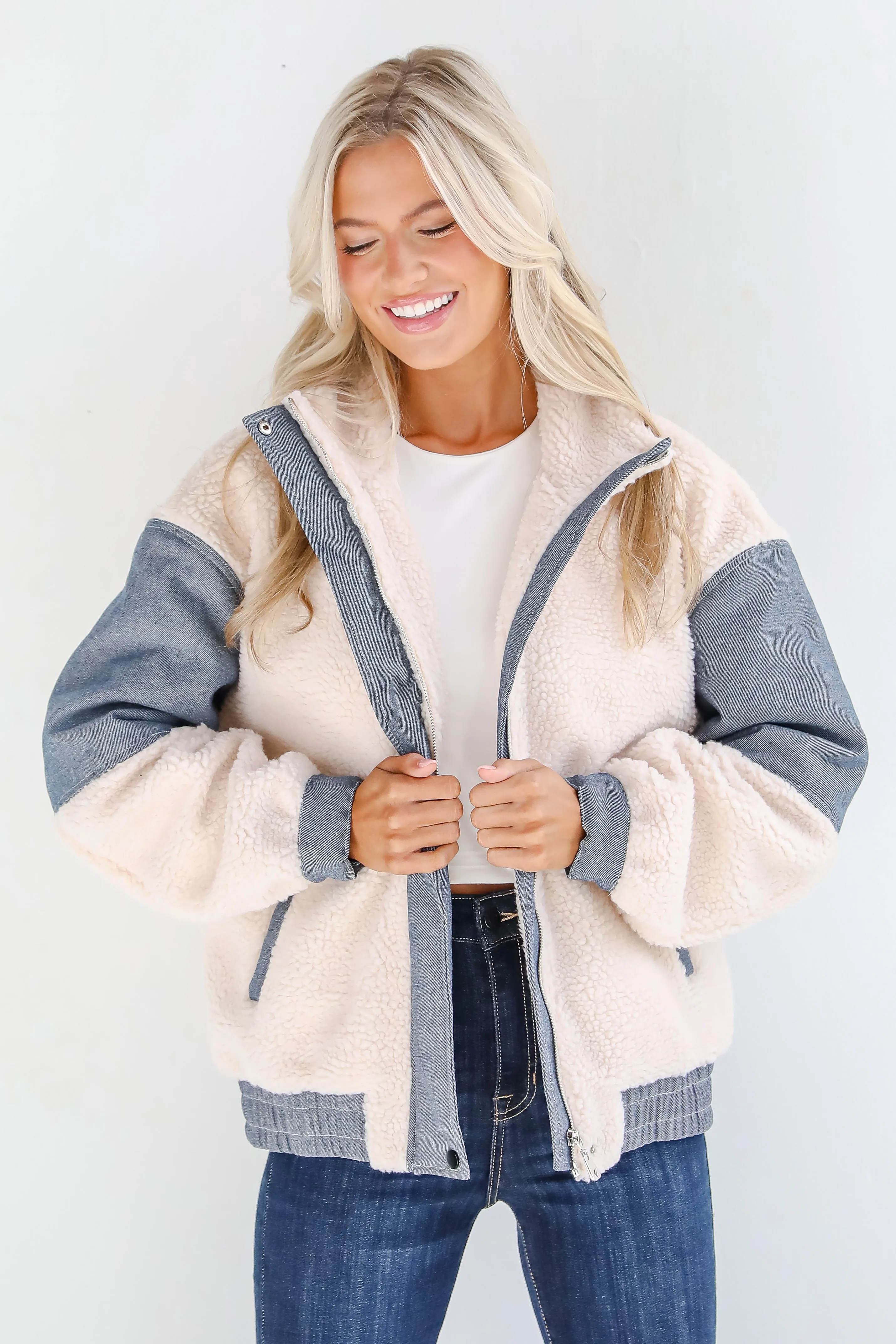 FINAL SALE - Cozier Days Cream Sherpa Denim Jacket
