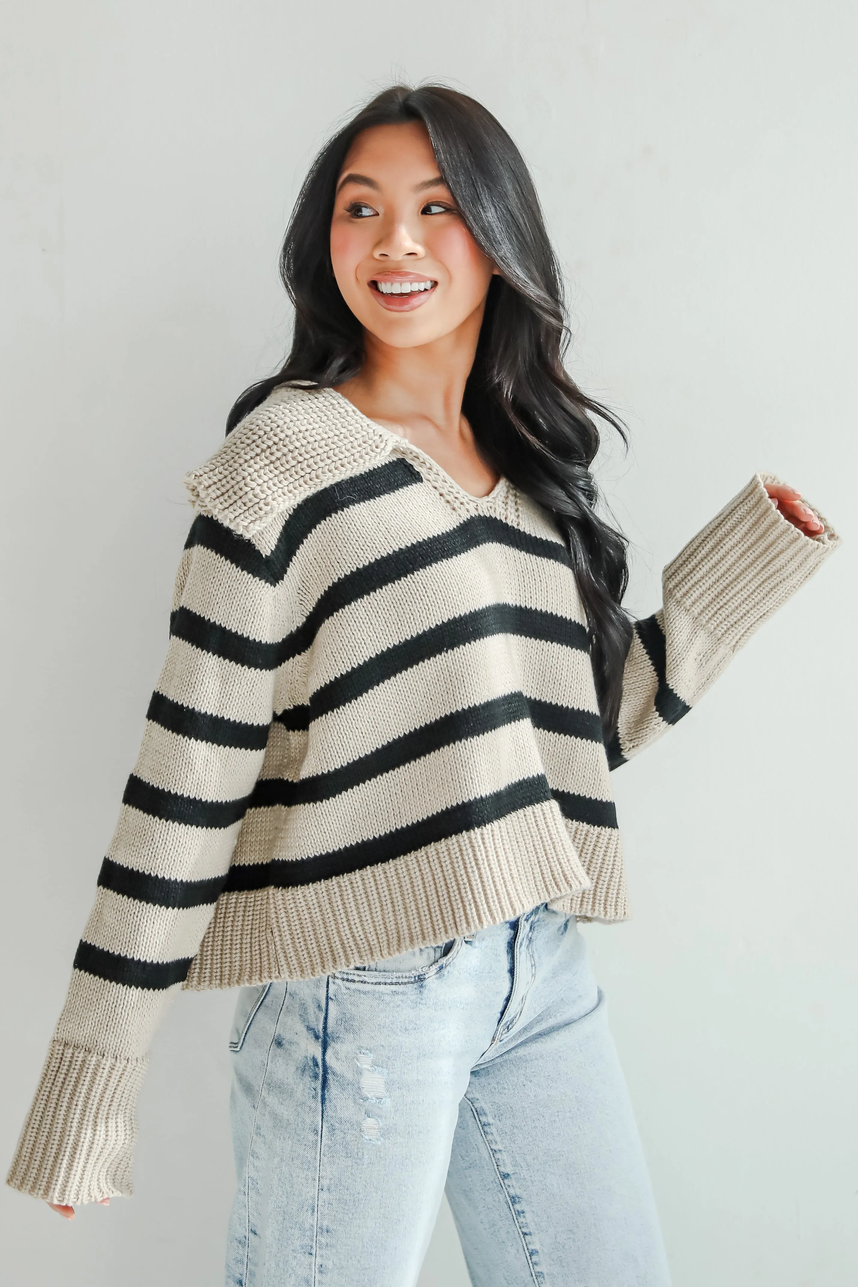 FINAL SALE - Coziest Cuddles Beige Striped Collared Sweater