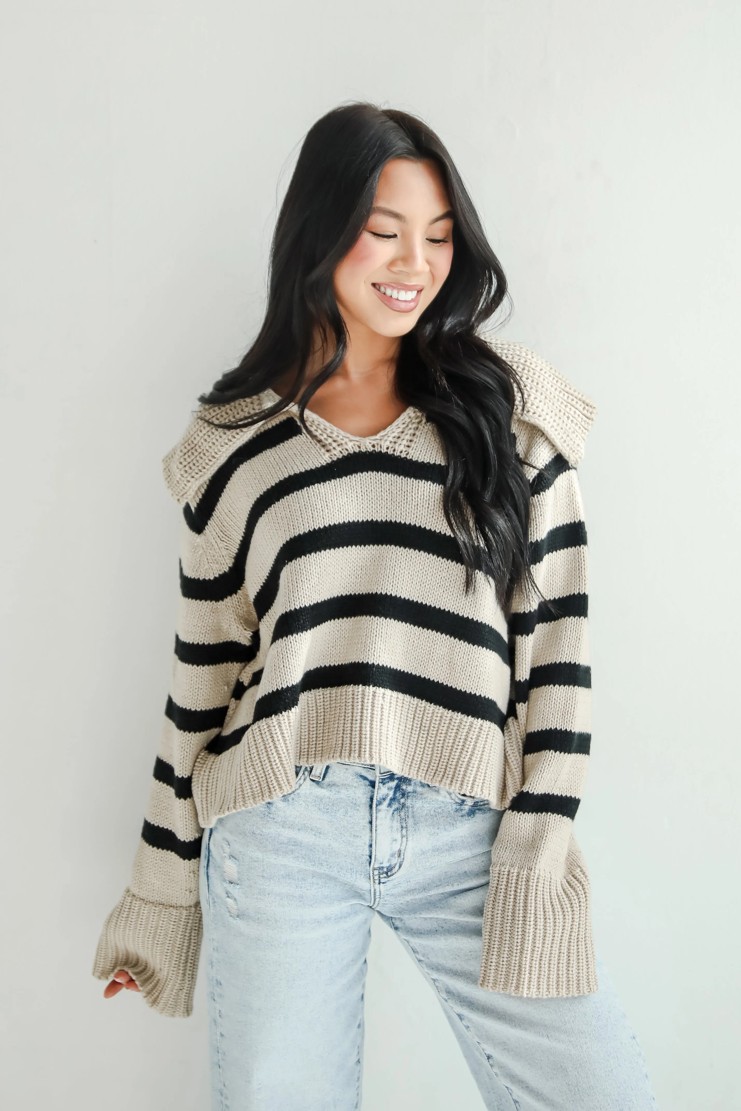 FINAL SALE - Coziest Cuddles Beige Striped Collared Sweater