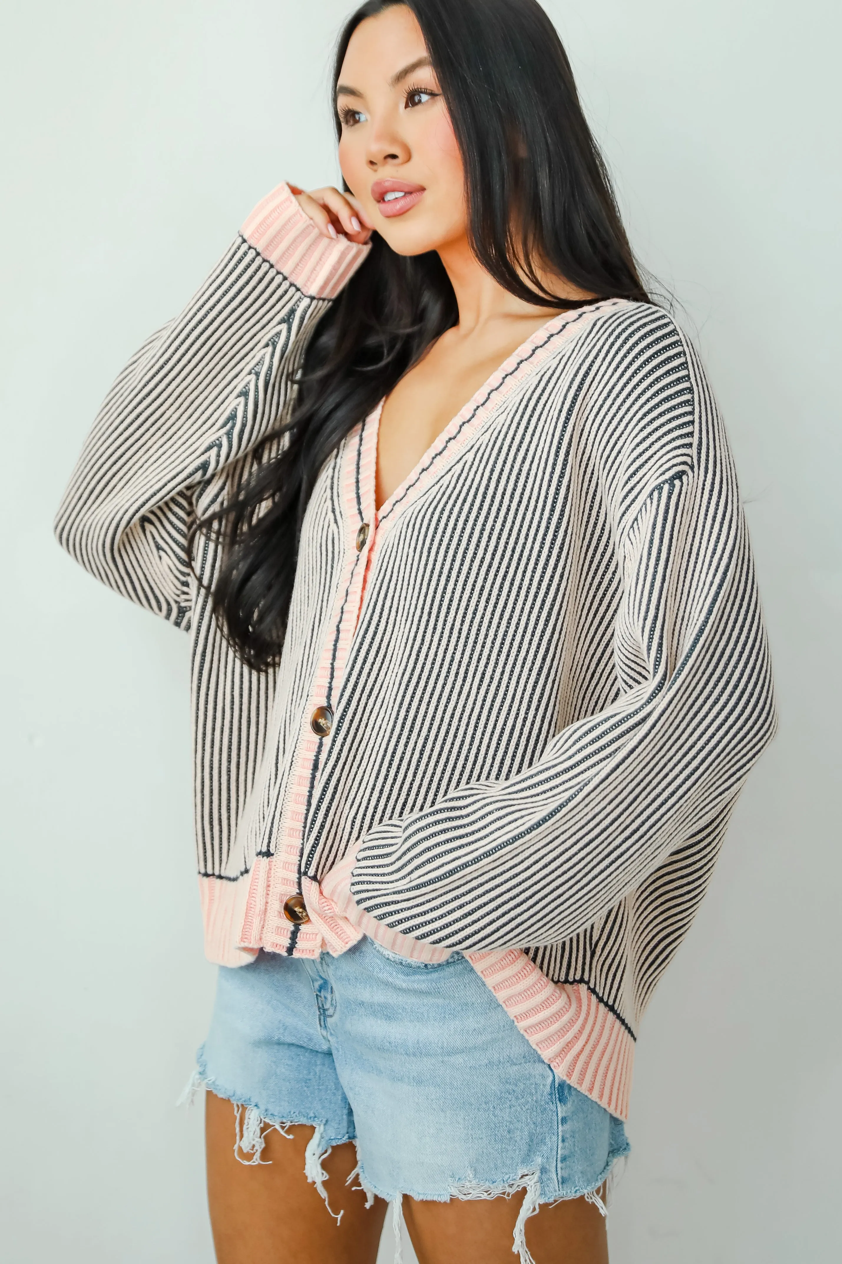 FINAL SALE - Cozy Expert Blush Striped Sweater Cardigan