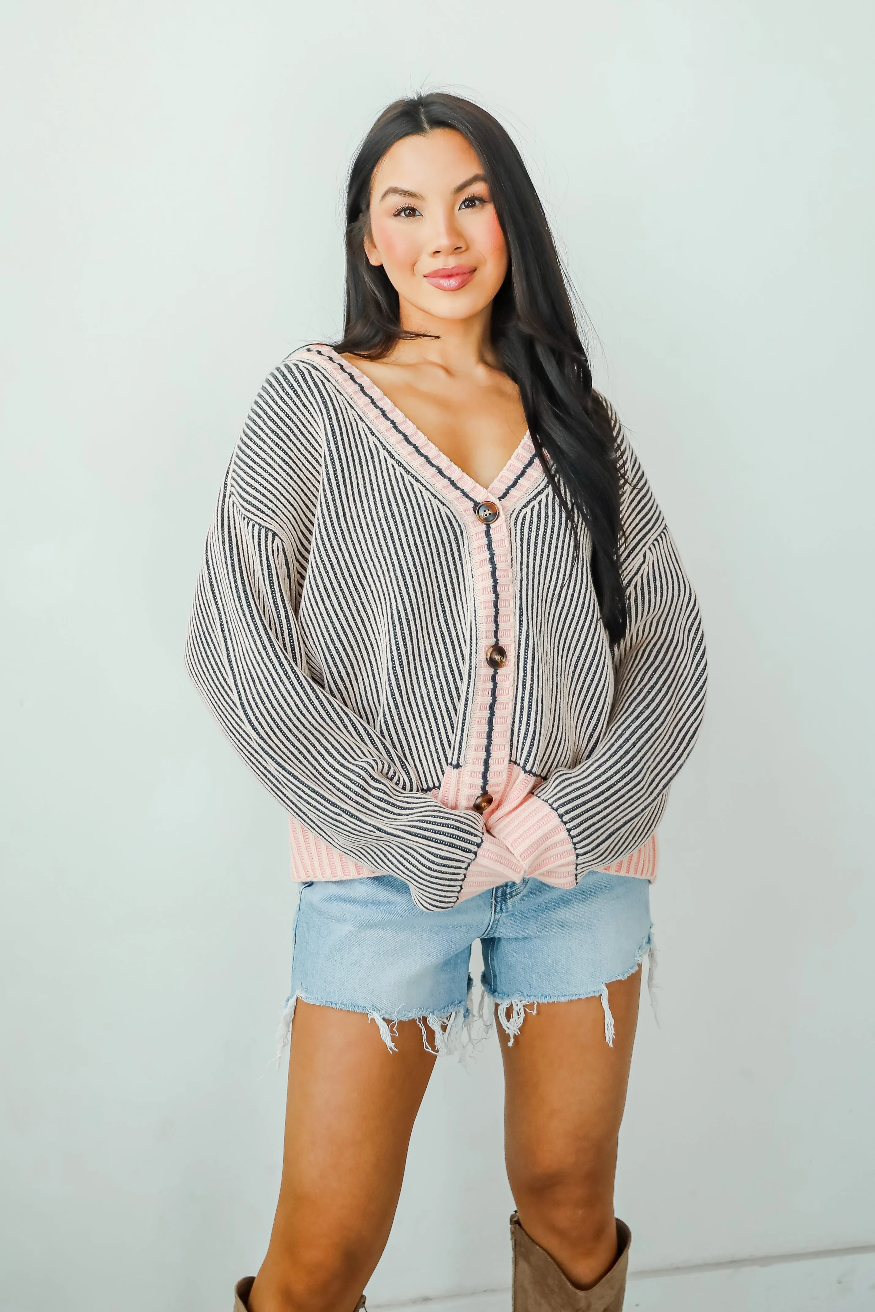 FINAL SALE - Cozy Expert Blush Striped Sweater Cardigan
