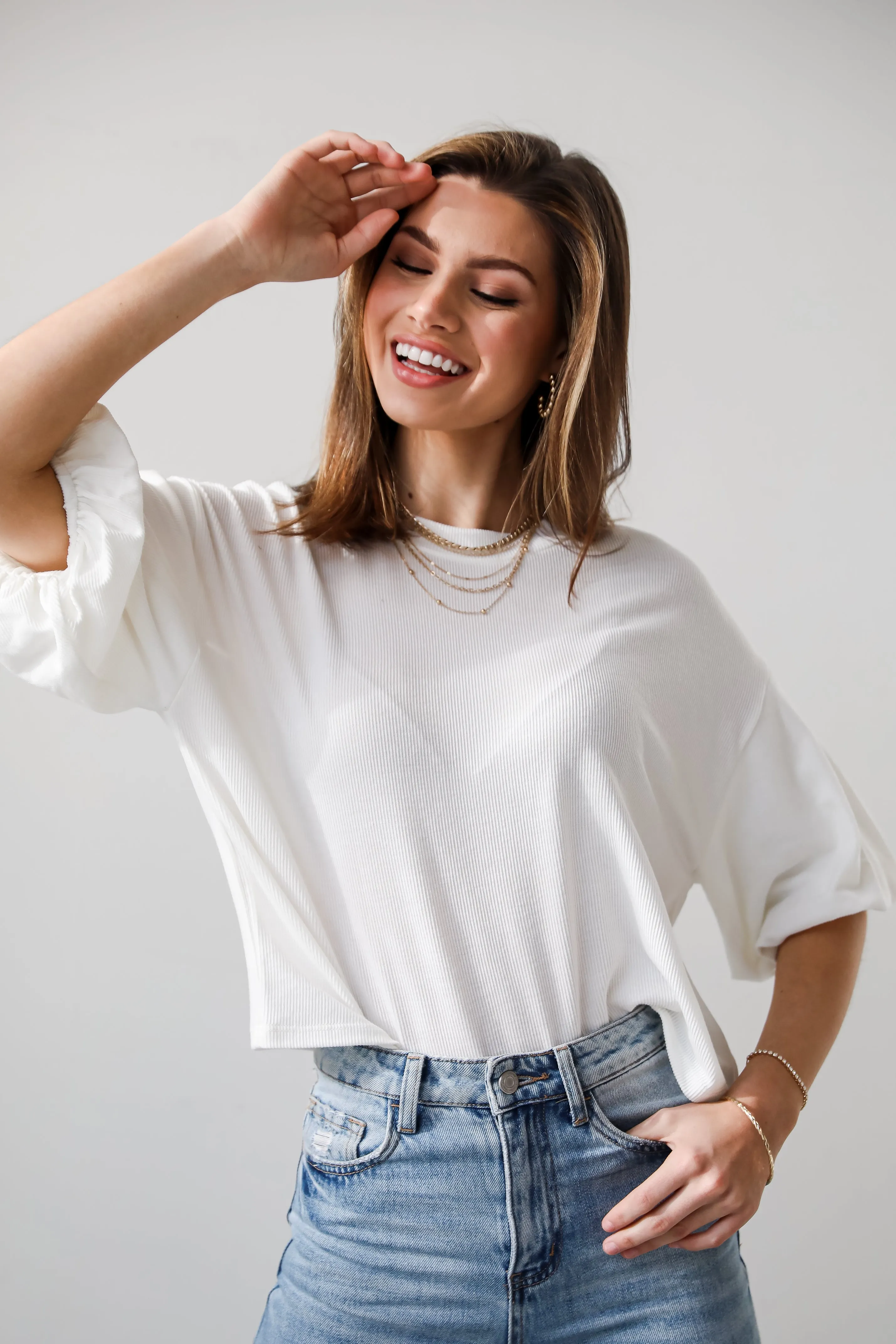 FINAL SALE - Effortless Behavior Ivory Ribbed Puff Sleeve Top