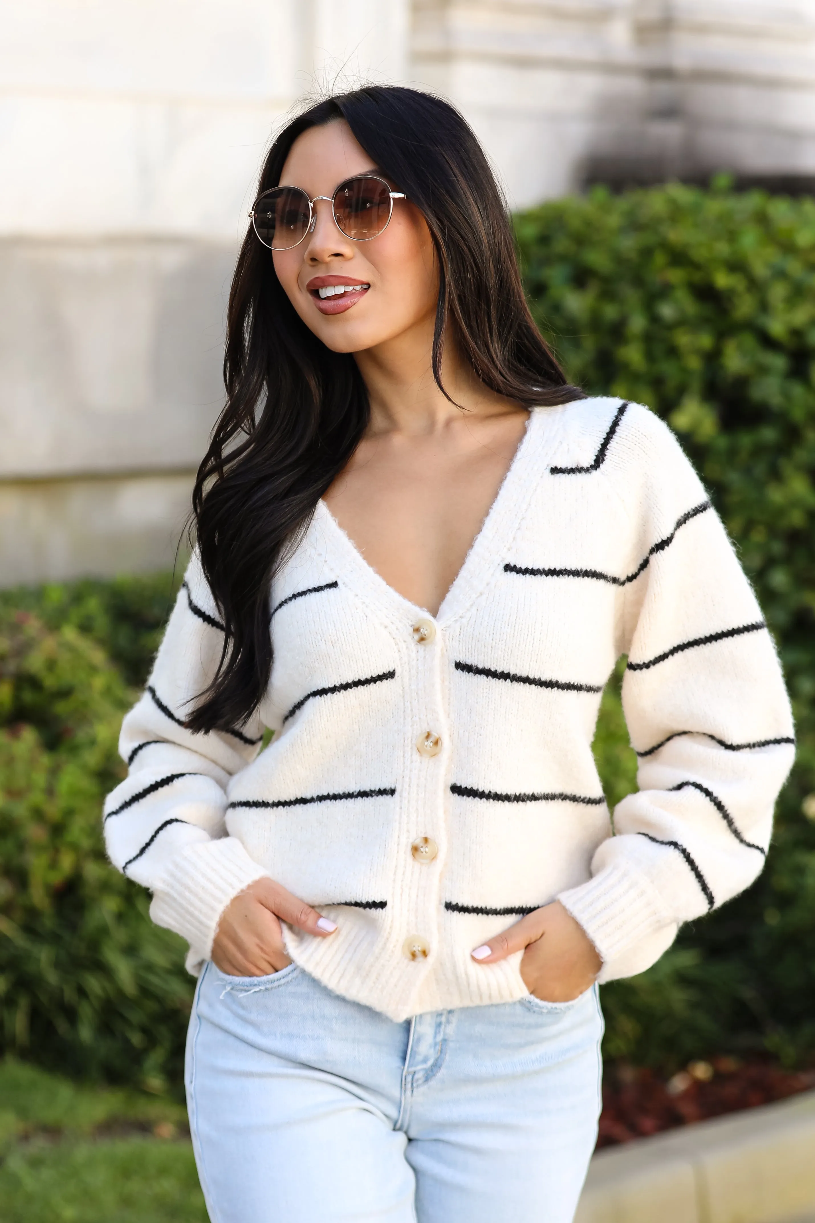 FINAL SALE - Effortlessly Lavish Cream Striped Sweater Cardigan