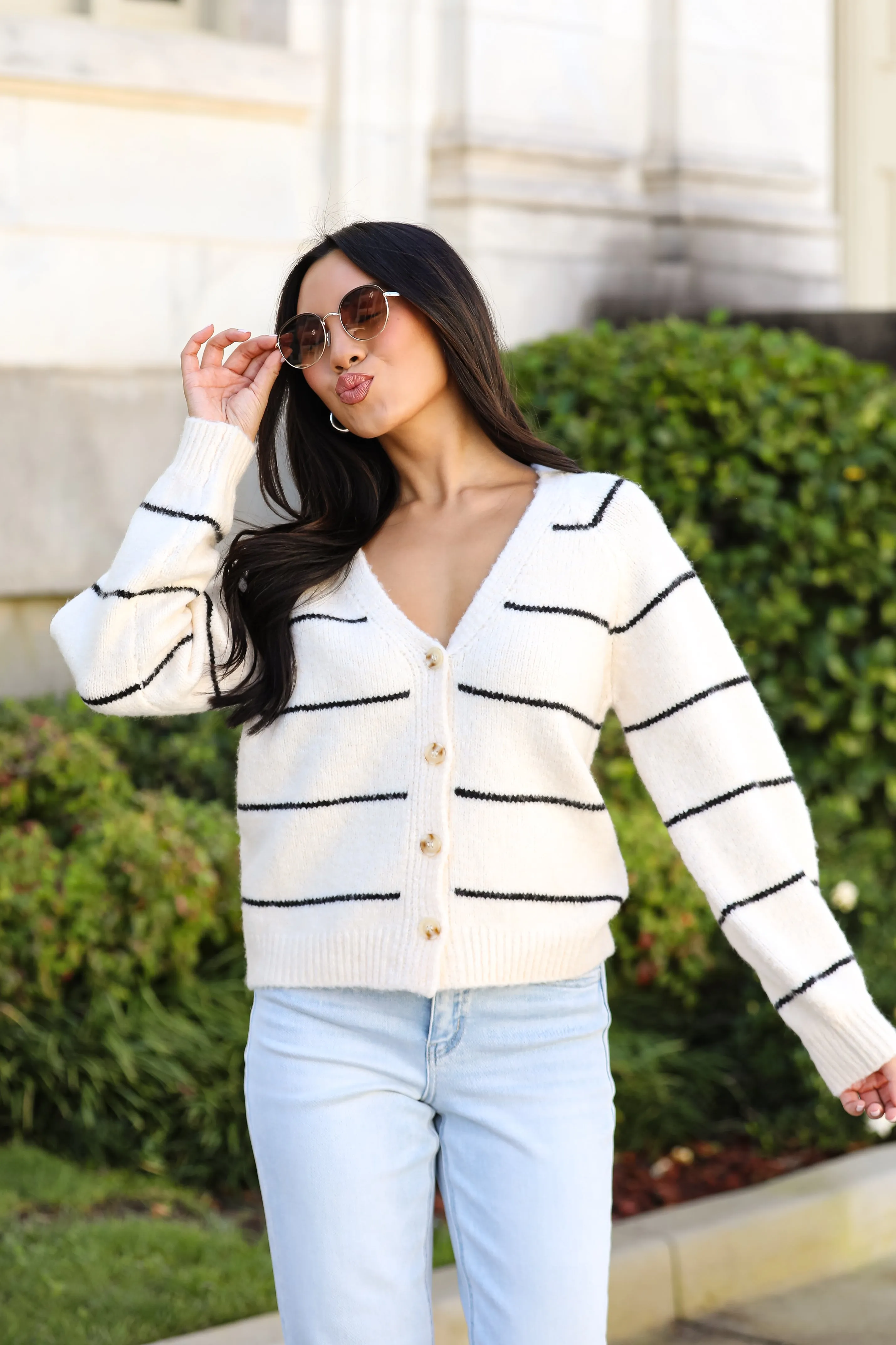 FINAL SALE - Effortlessly Lavish Cream Striped Sweater Cardigan