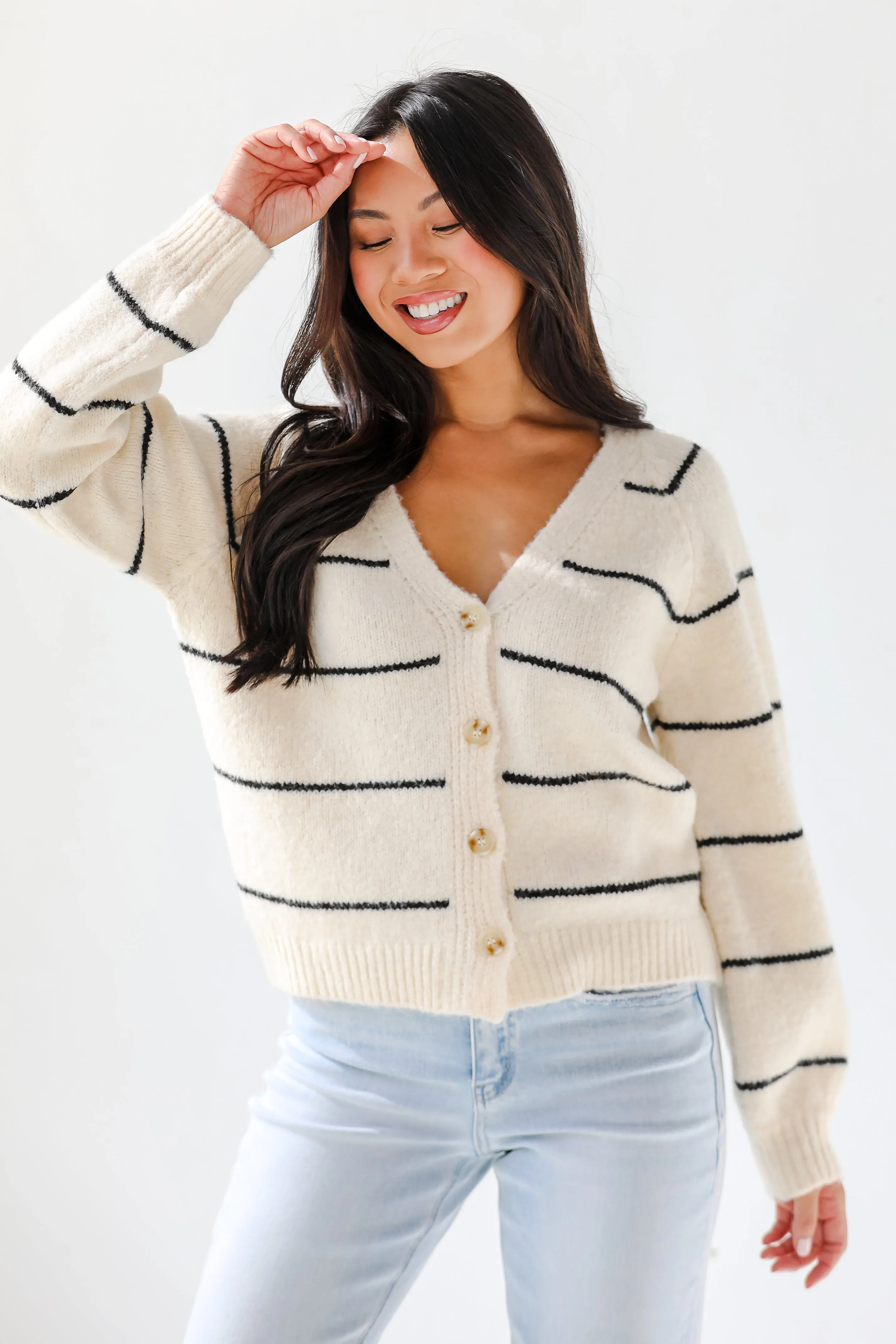 FINAL SALE - Effortlessly Lavish Cream Striped Sweater Cardigan