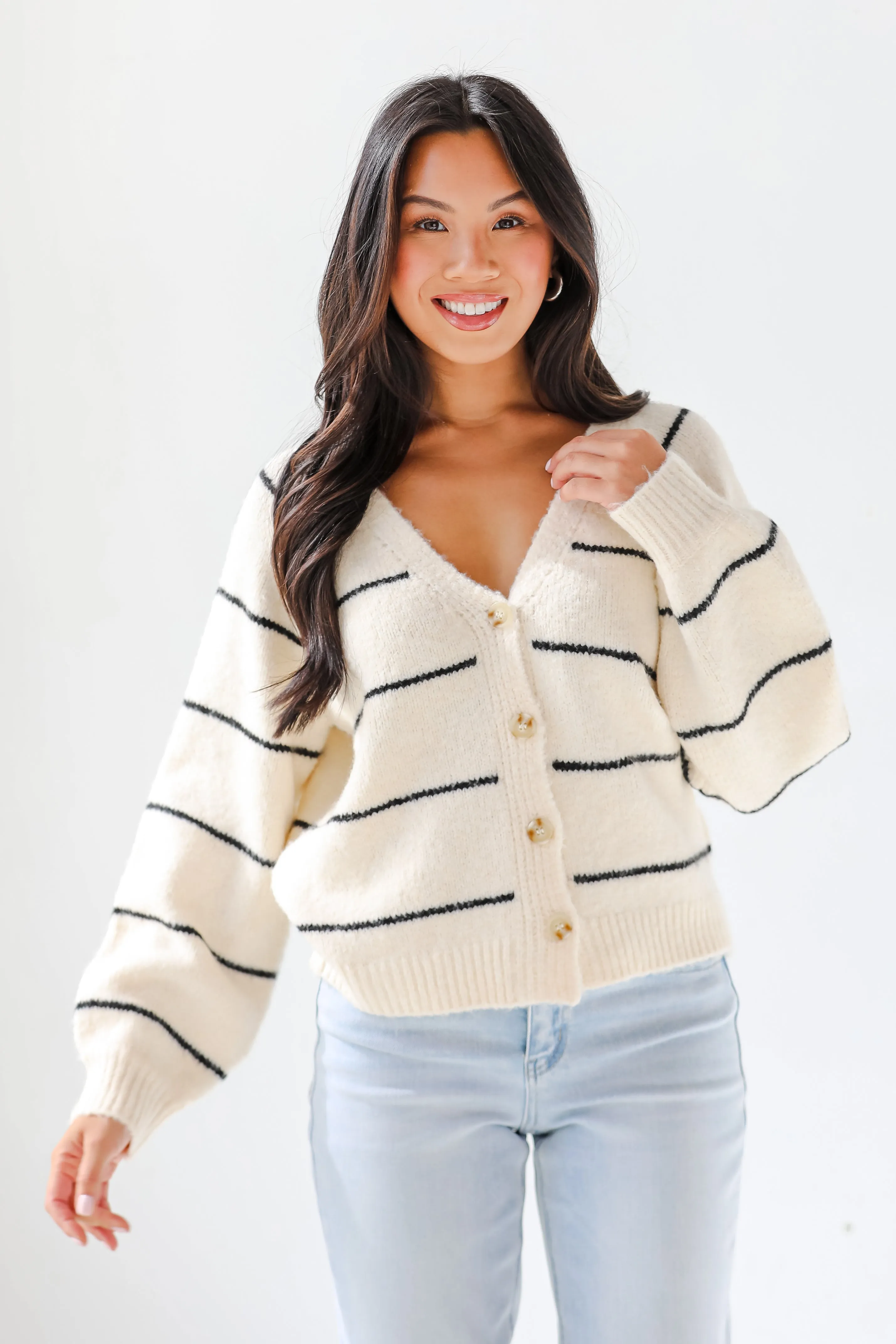 FINAL SALE - Effortlessly Lavish Cream Striped Sweater Cardigan
