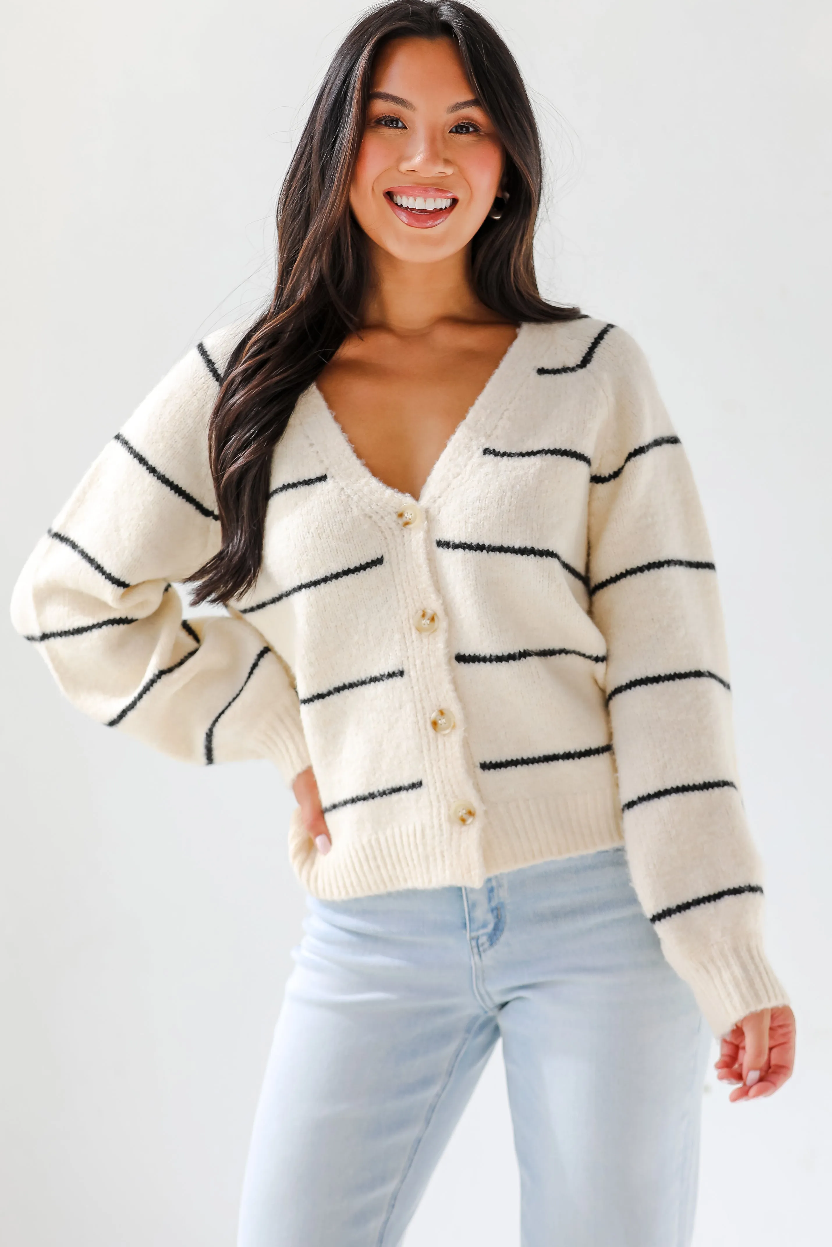 FINAL SALE - Effortlessly Lavish Cream Striped Sweater Cardigan