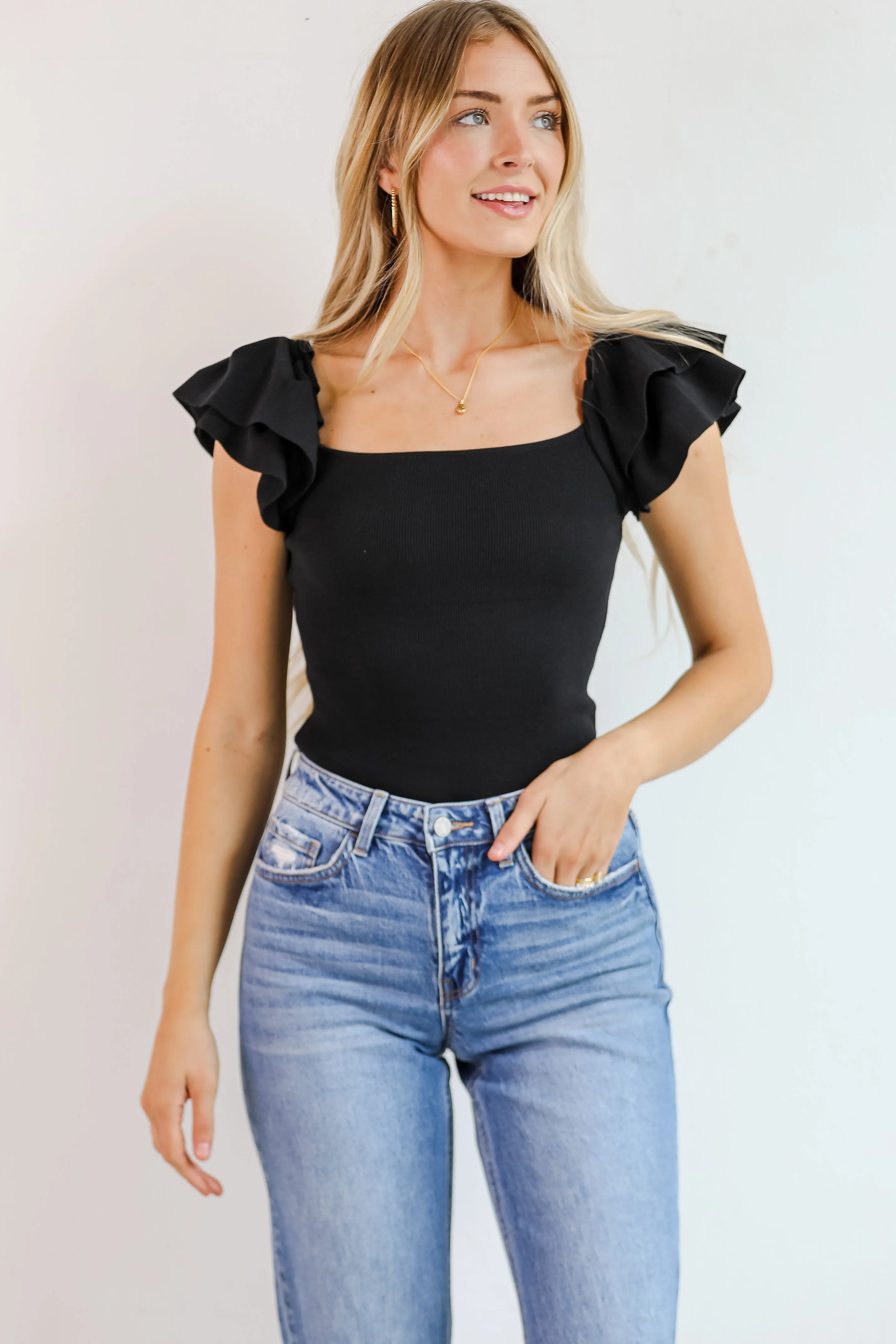 FINAL SALE - Go Team Black Ruffle Sleeve Tank