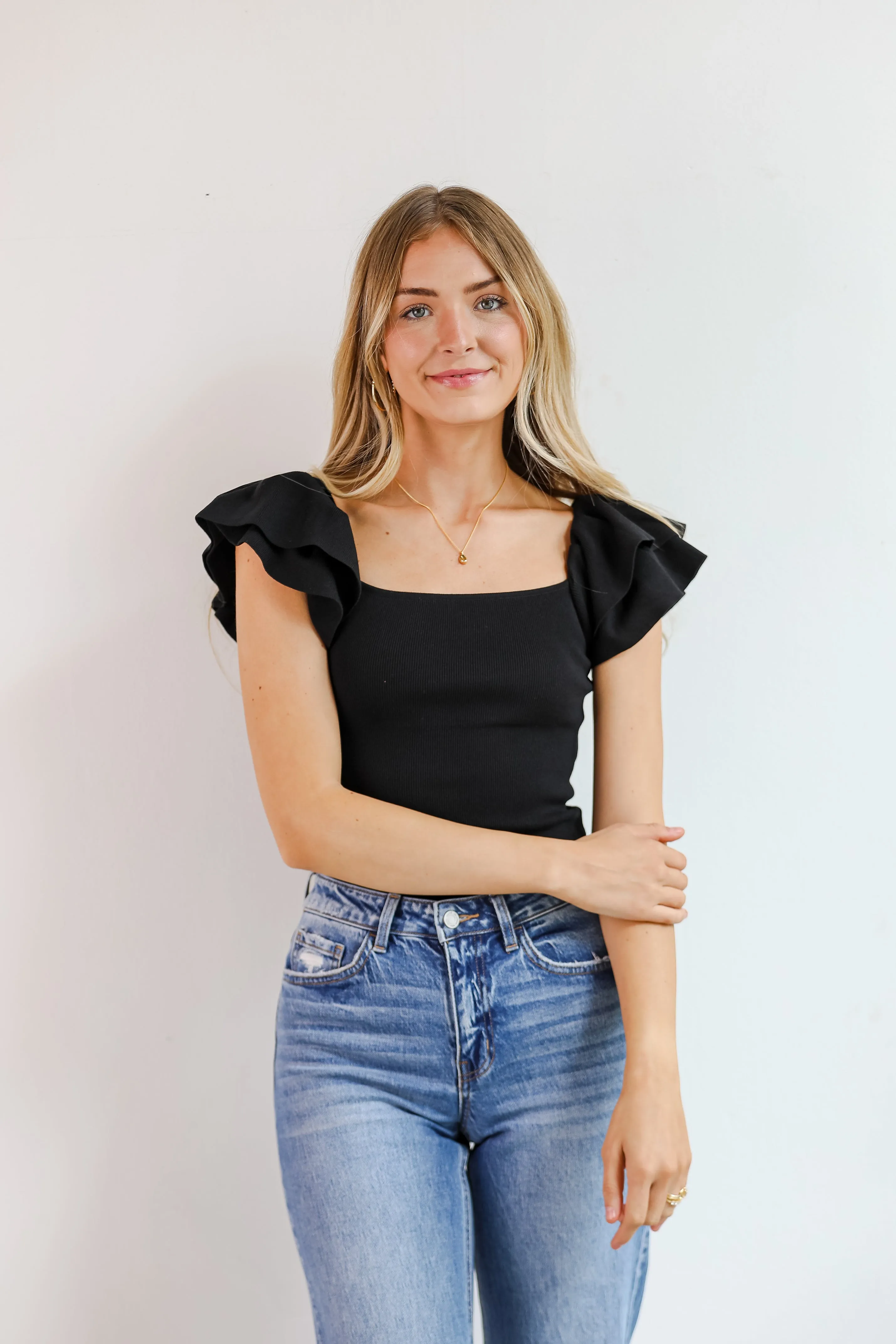 FINAL SALE - Go Team Black Ruffle Sleeve Tank