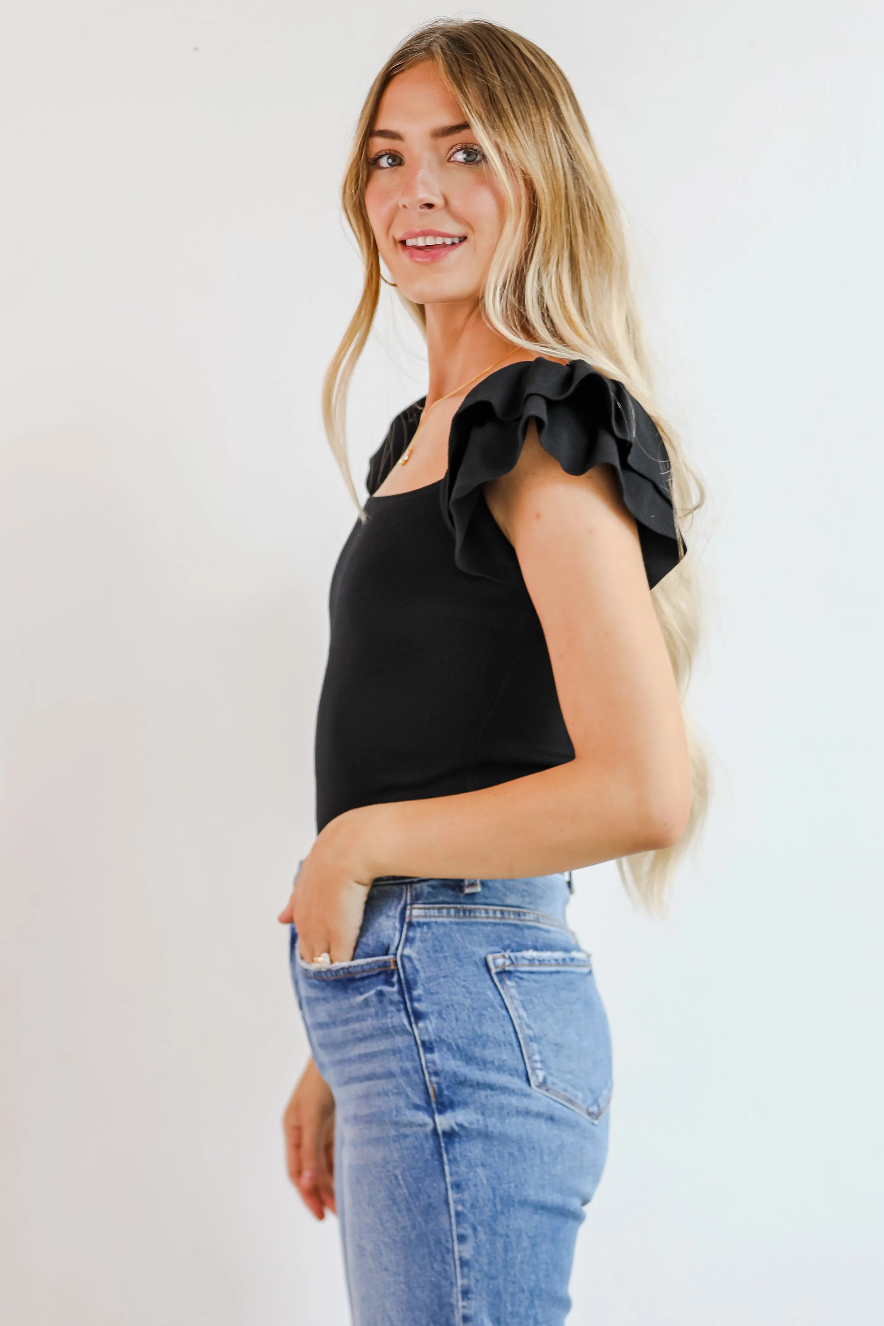 FINAL SALE - Go Team Black Ruffle Sleeve Tank