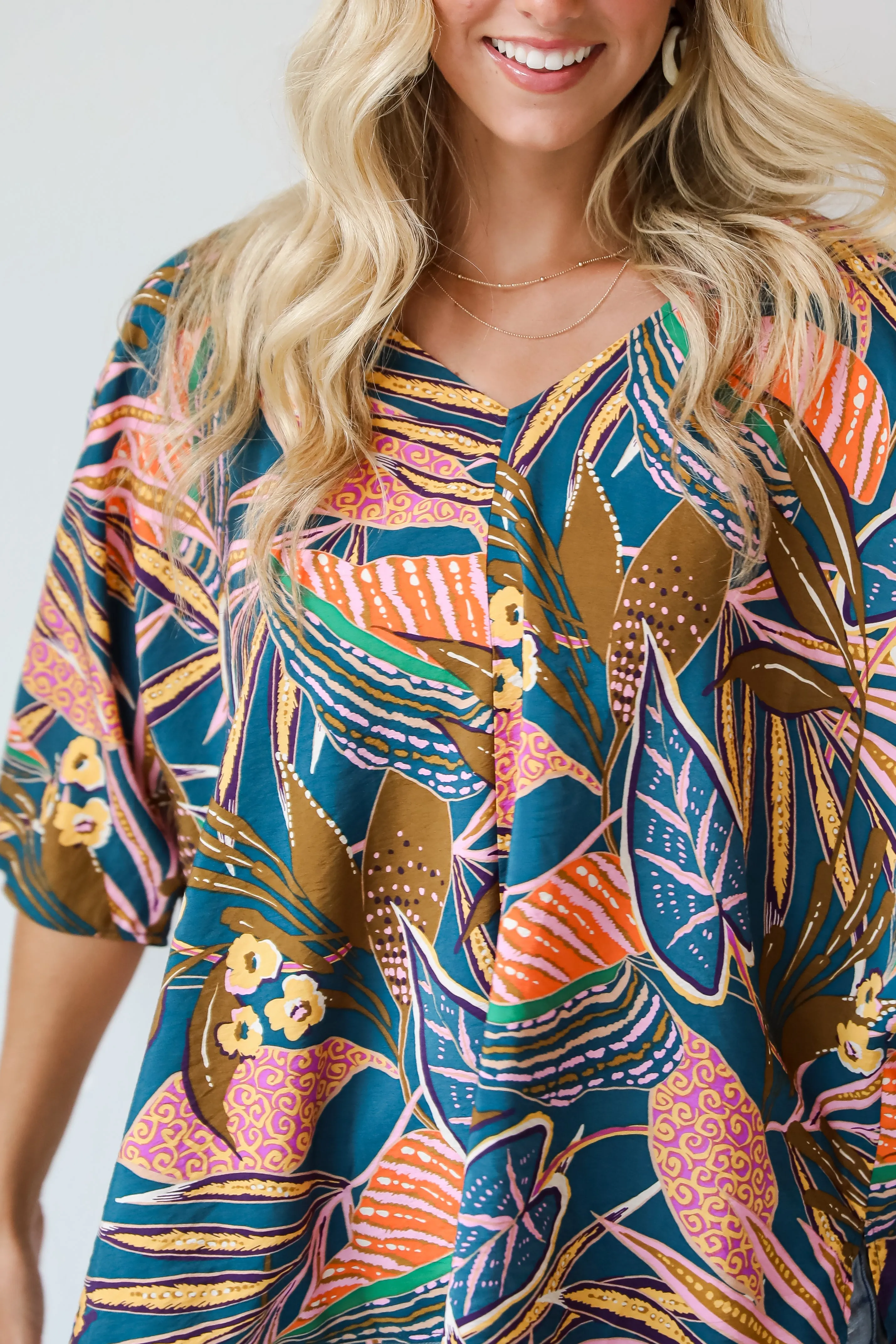 FINAL SALE - Incredible Allure Teal Leaf Print Oversized Blouse