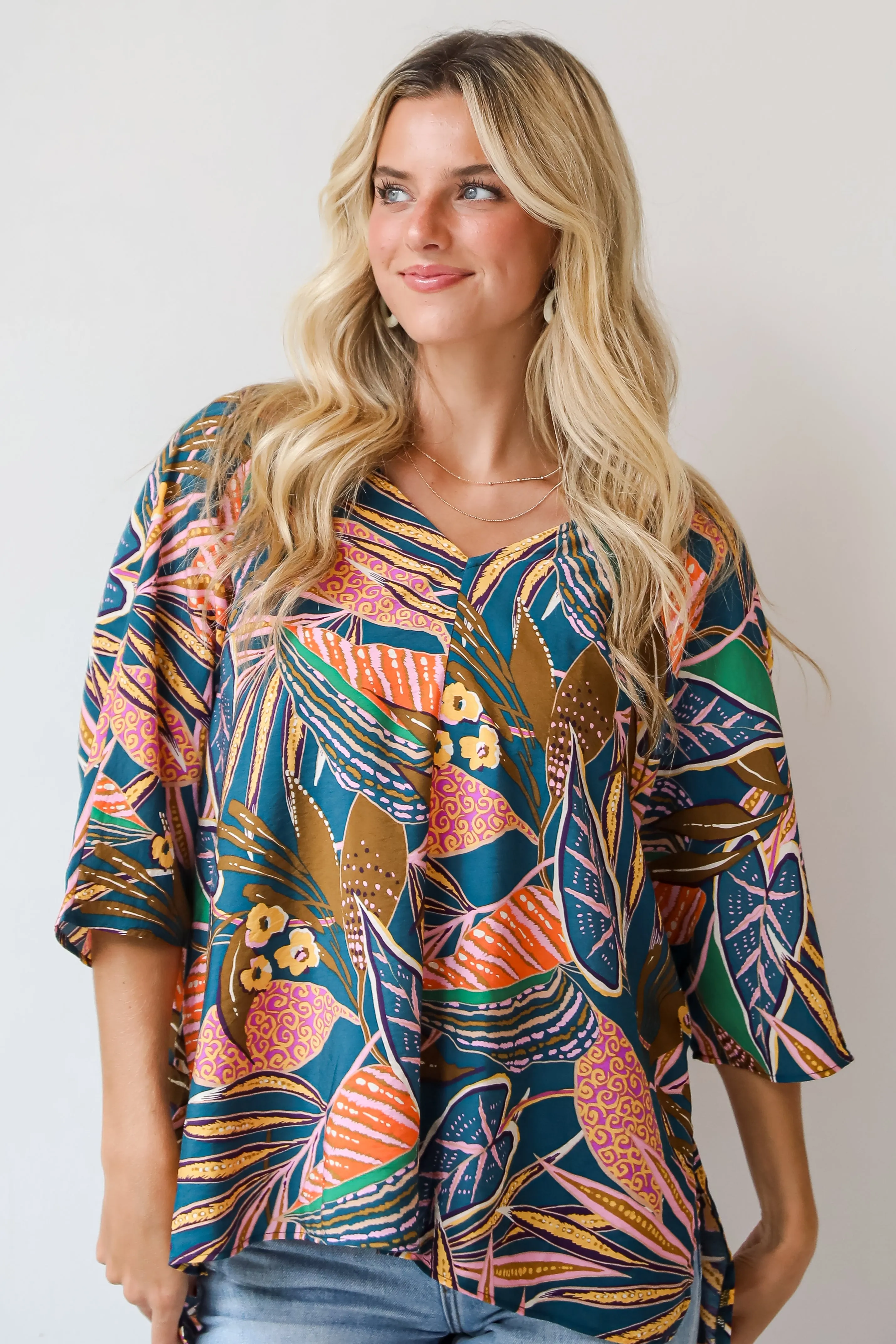 FINAL SALE - Incredible Allure Teal Leaf Print Oversized Blouse