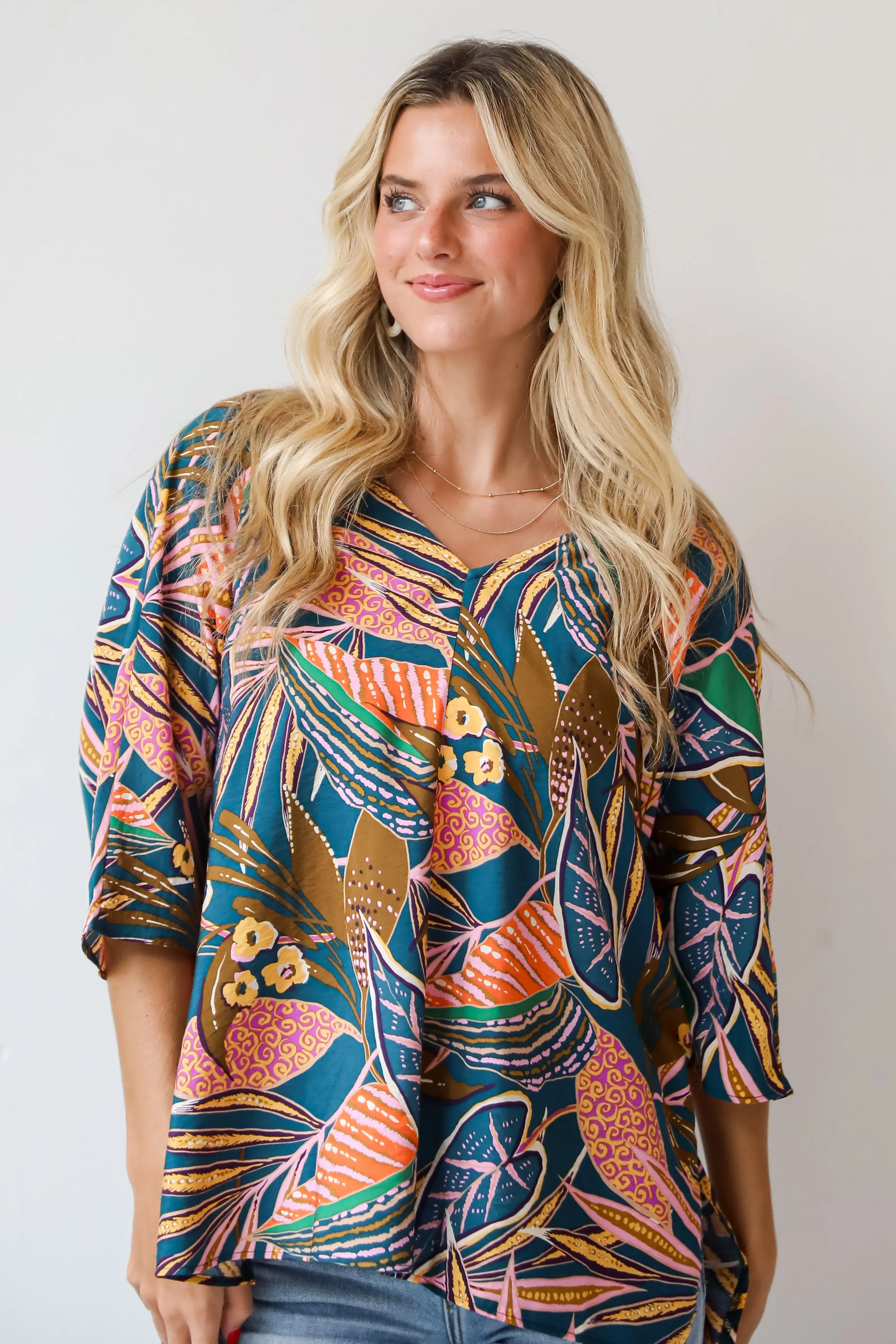 FINAL SALE - Incredible Allure Teal Leaf Print Oversized Blouse