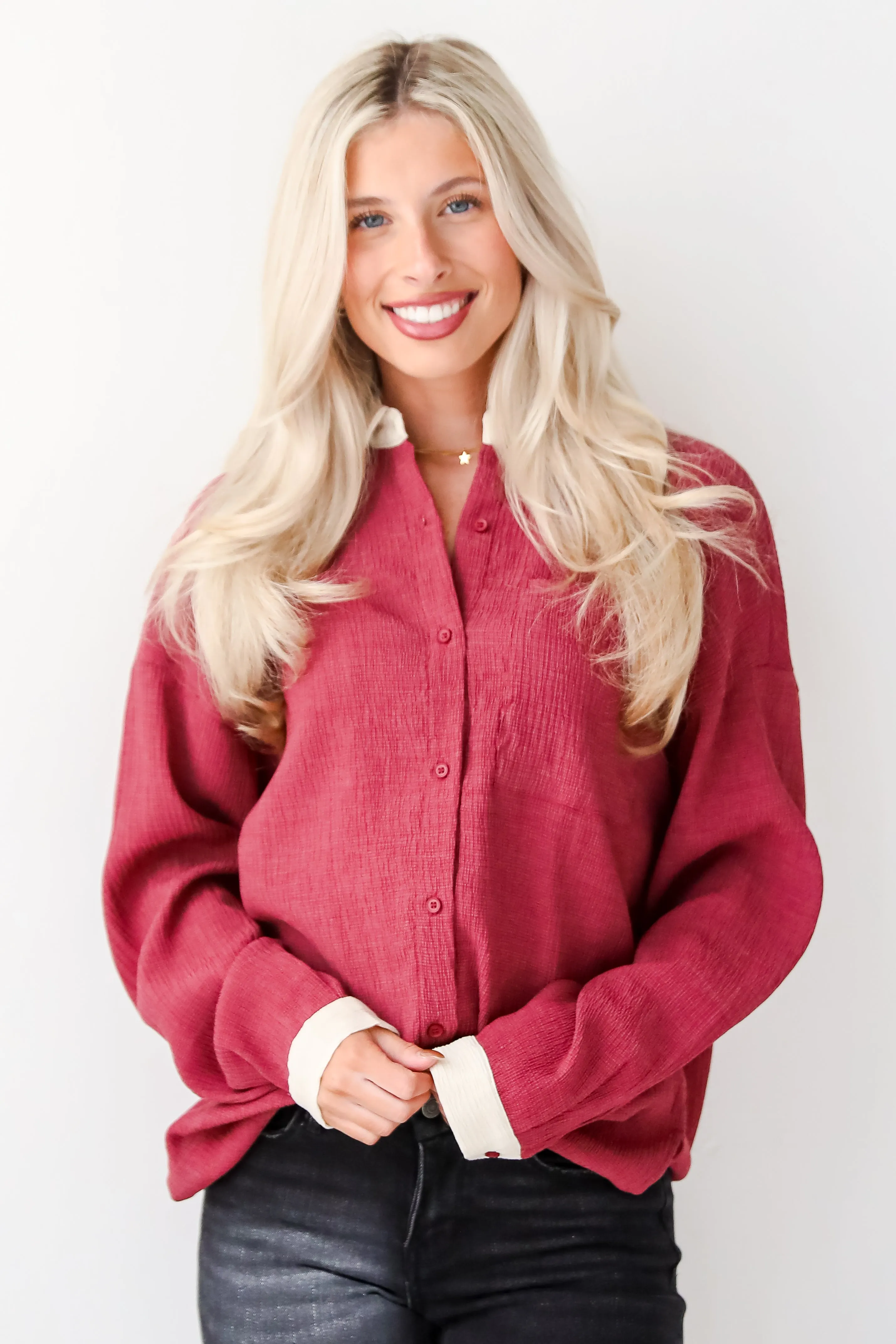 FINAL SALE - Instant Stunner Burgundy Textured Button-Up Blouse