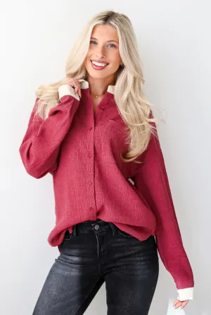 FINAL SALE - Instant Stunner Burgundy Textured Button-Up Blouse