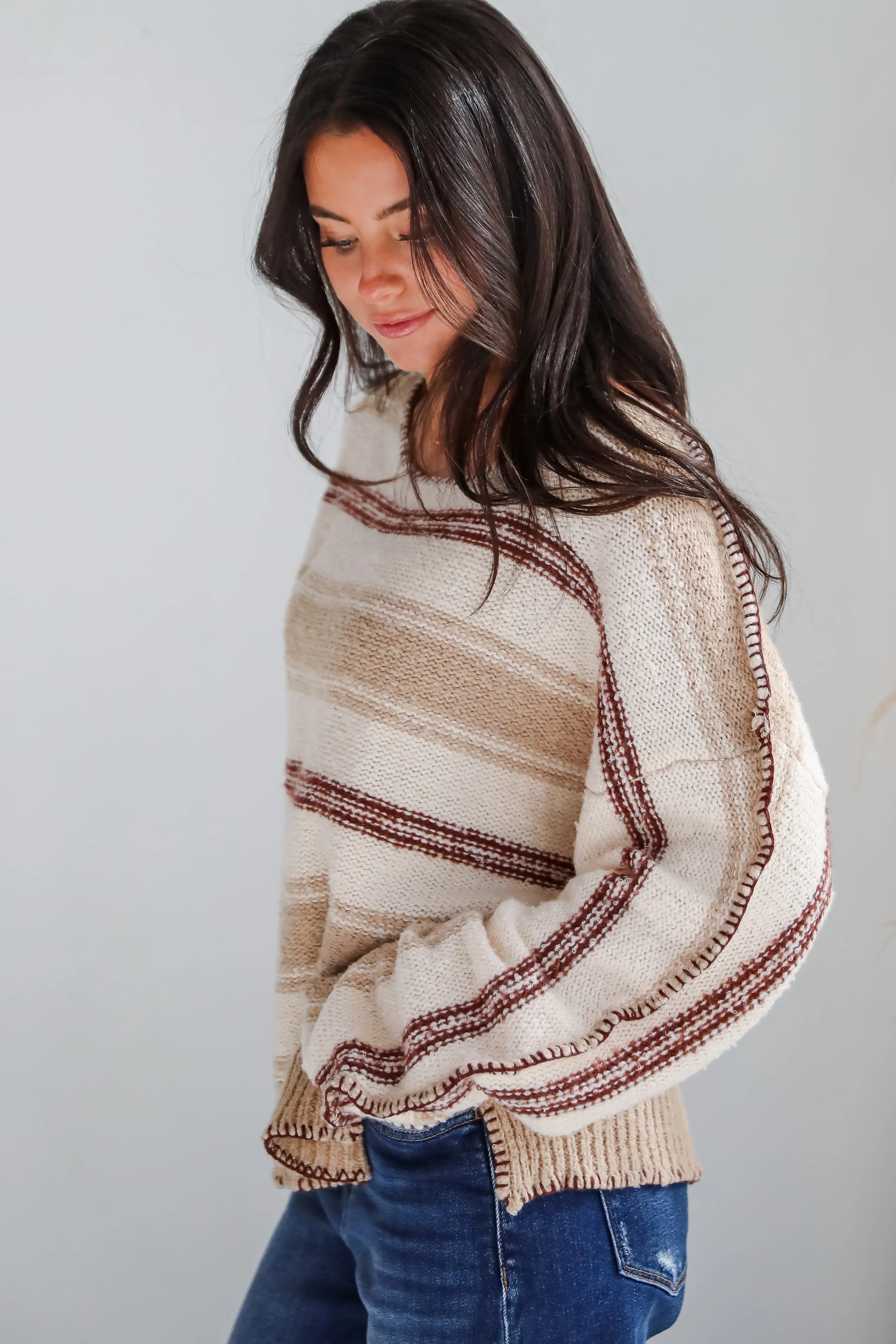 FINAL SALE - Instinctive Poise Ivory Striped Oversized Sweater