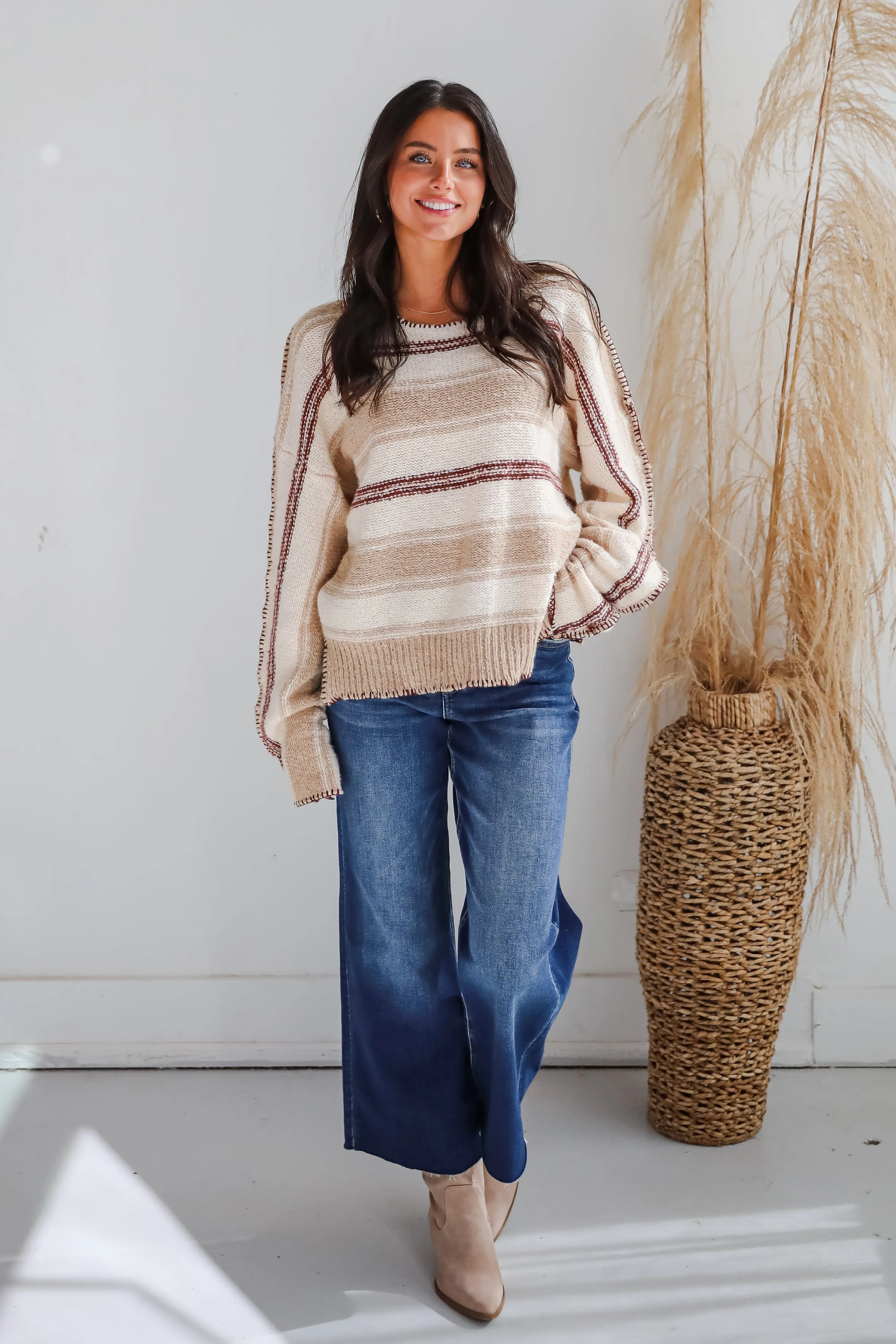 FINAL SALE - Instinctive Poise Ivory Striped Oversized Sweater