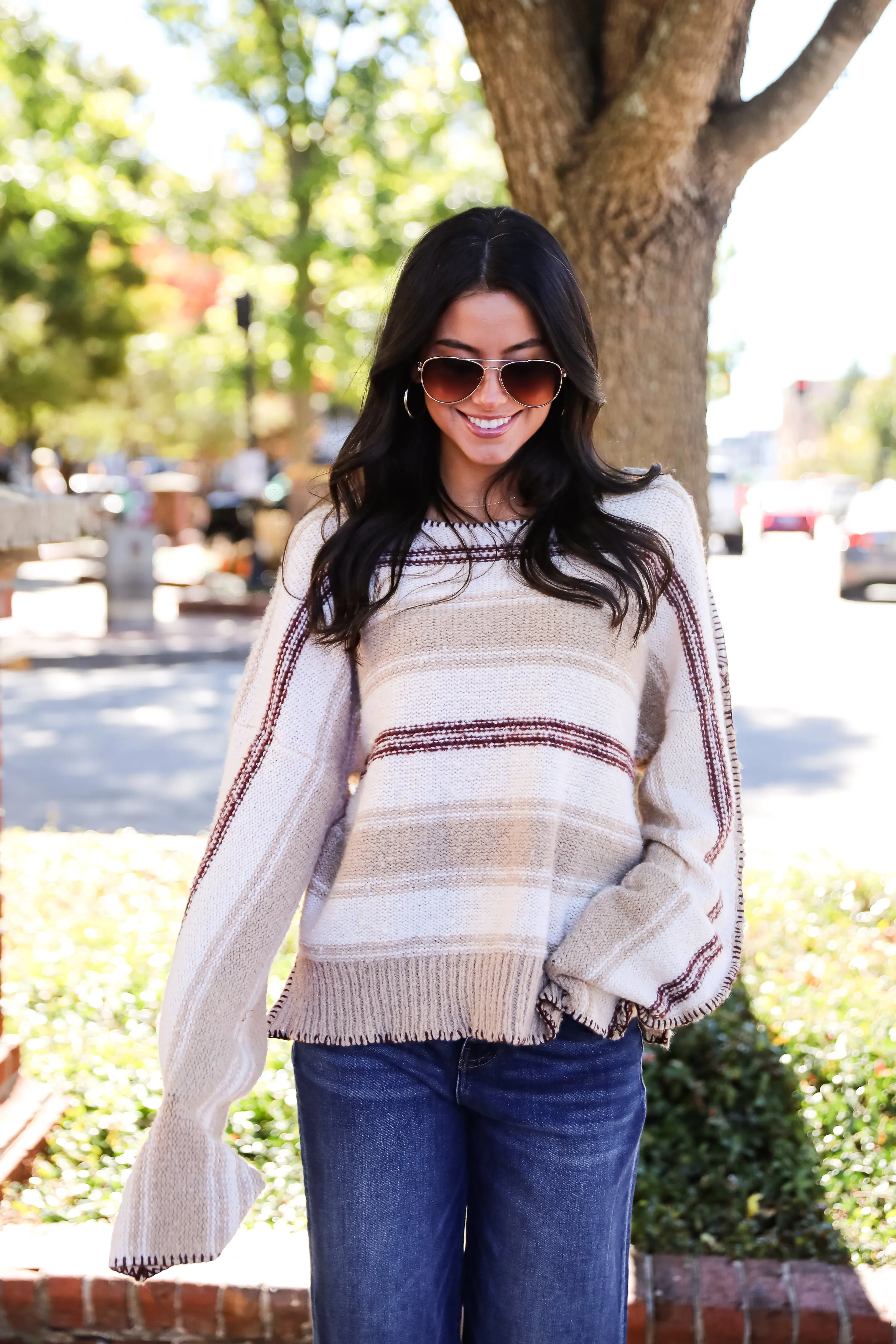 FINAL SALE - Instinctive Poise Ivory Striped Oversized Sweater