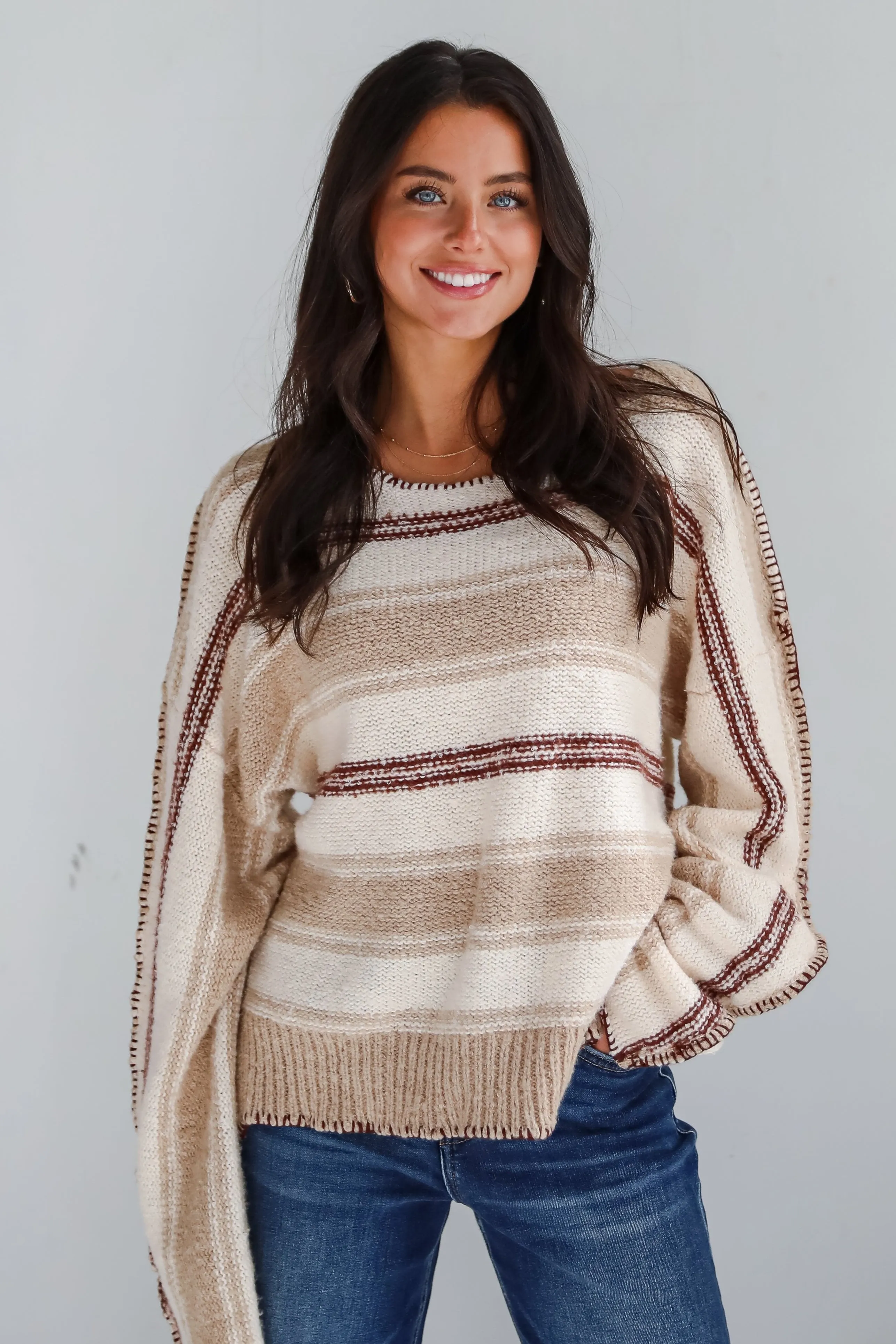 FINAL SALE - Instinctive Poise Ivory Striped Oversized Sweater