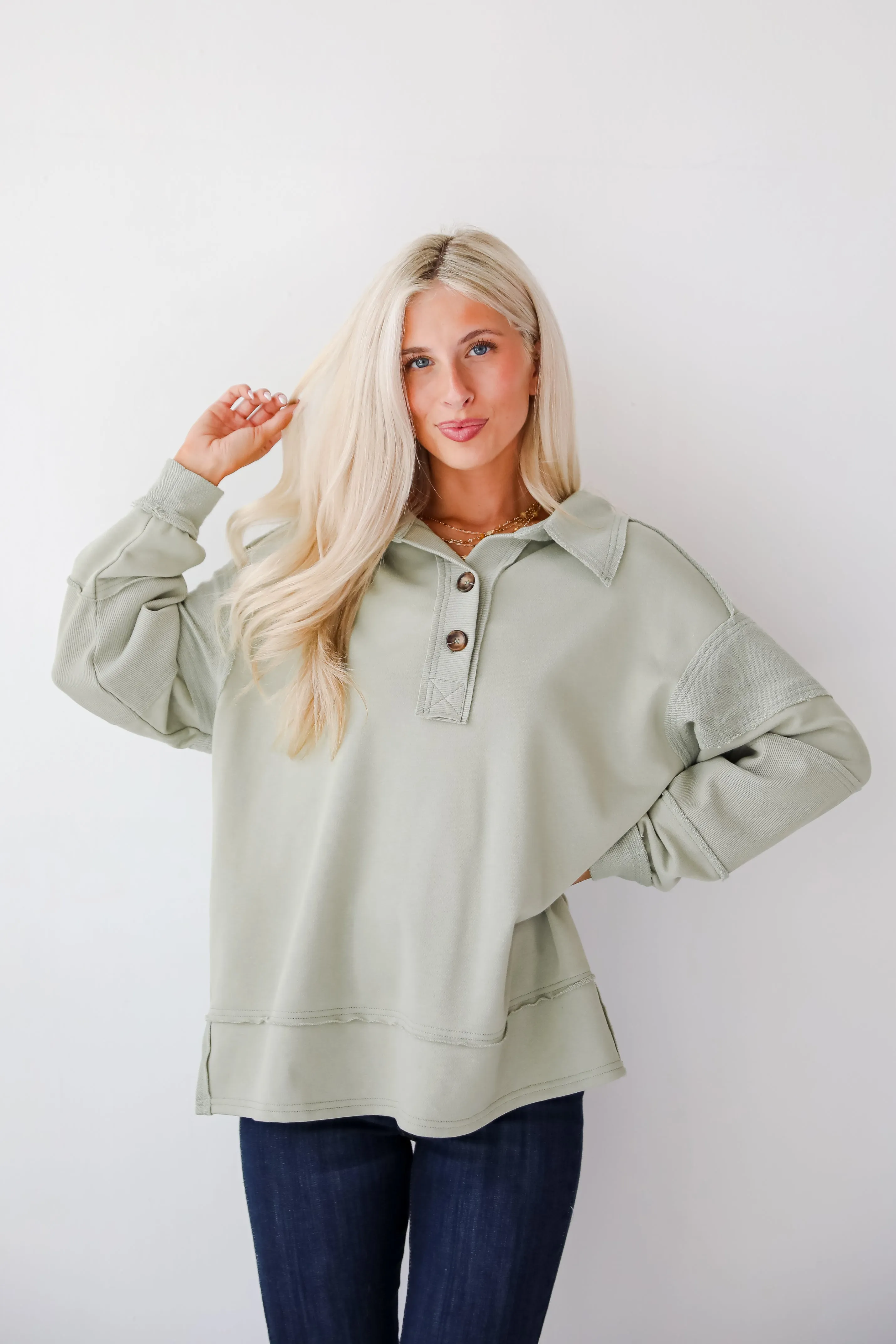 FINAL SALE - Majorly Comfy Sage Collared Pullover