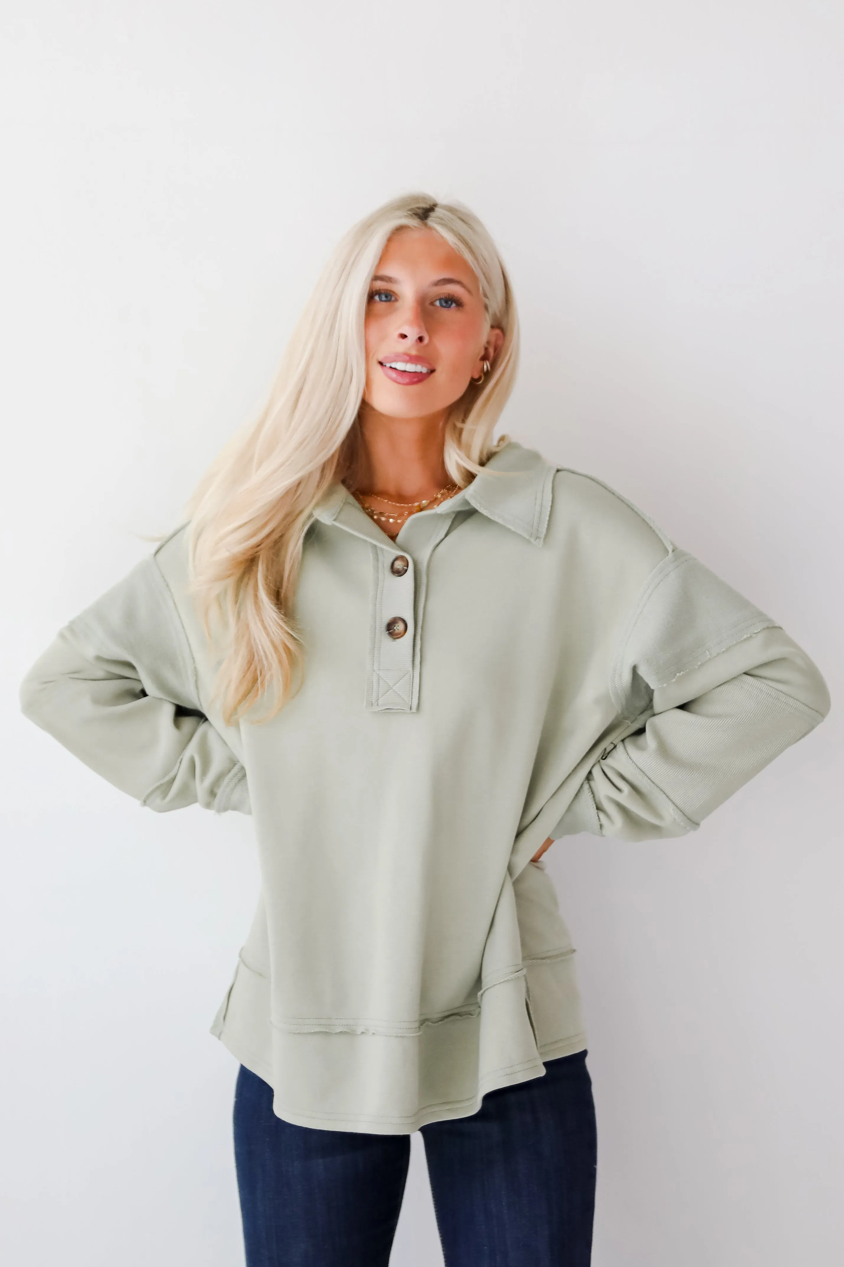 FINAL SALE - Majorly Comfy Sage Collared Pullover