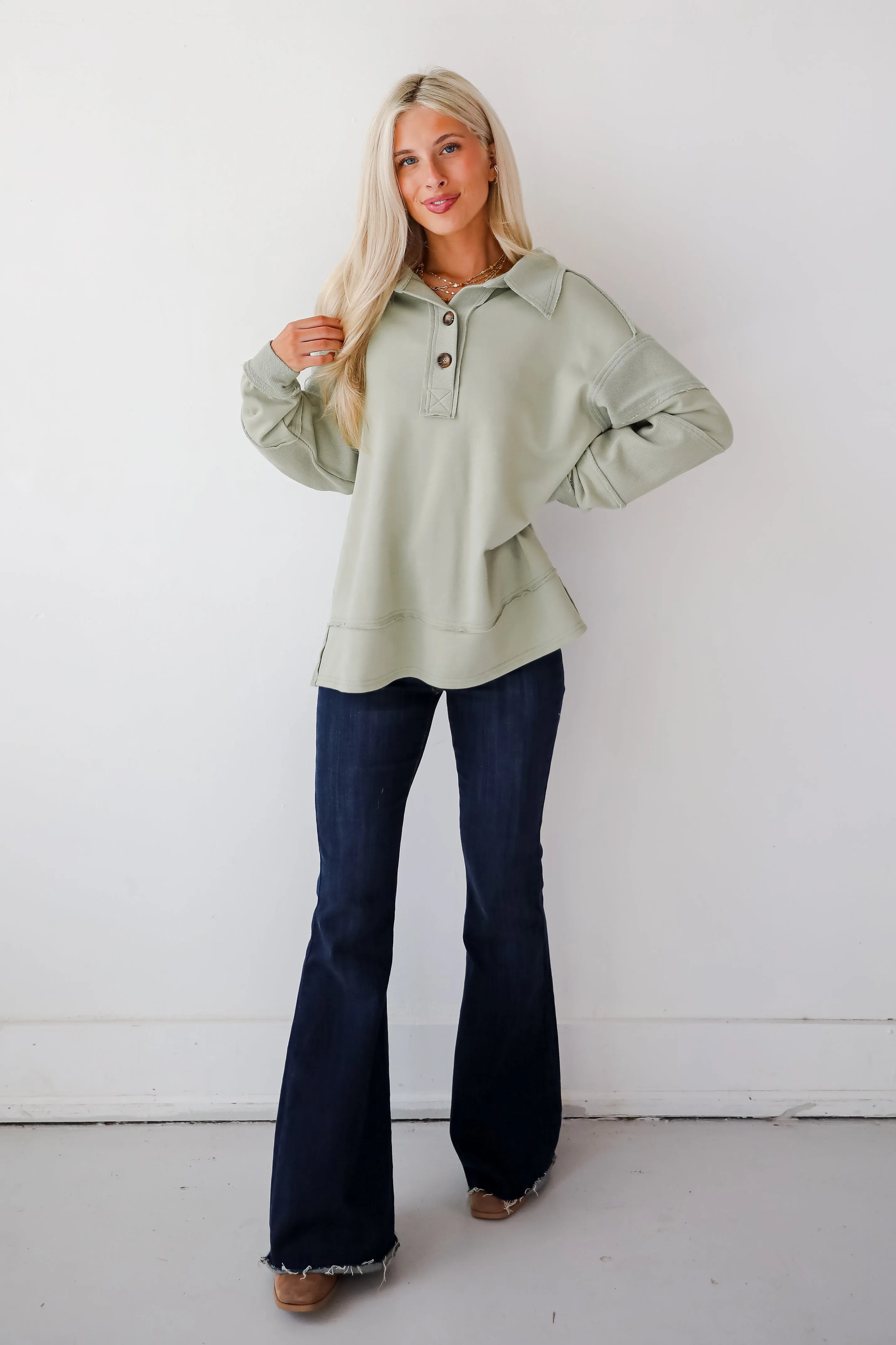 FINAL SALE - Majorly Comfy Sage Collared Pullover