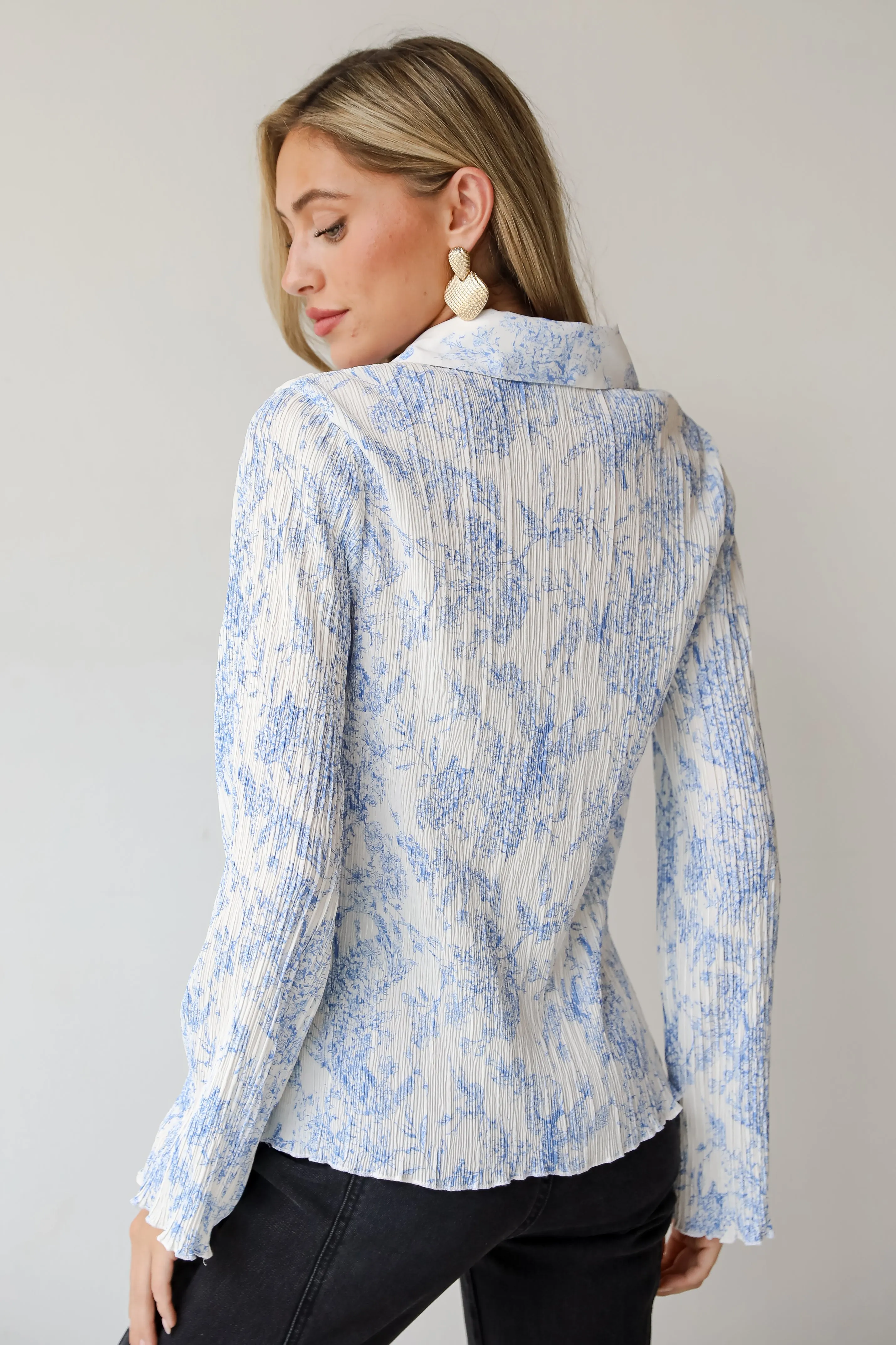 FINAL SALE - Modern Devotion Blue Floral Plisse Button-Up Blouse