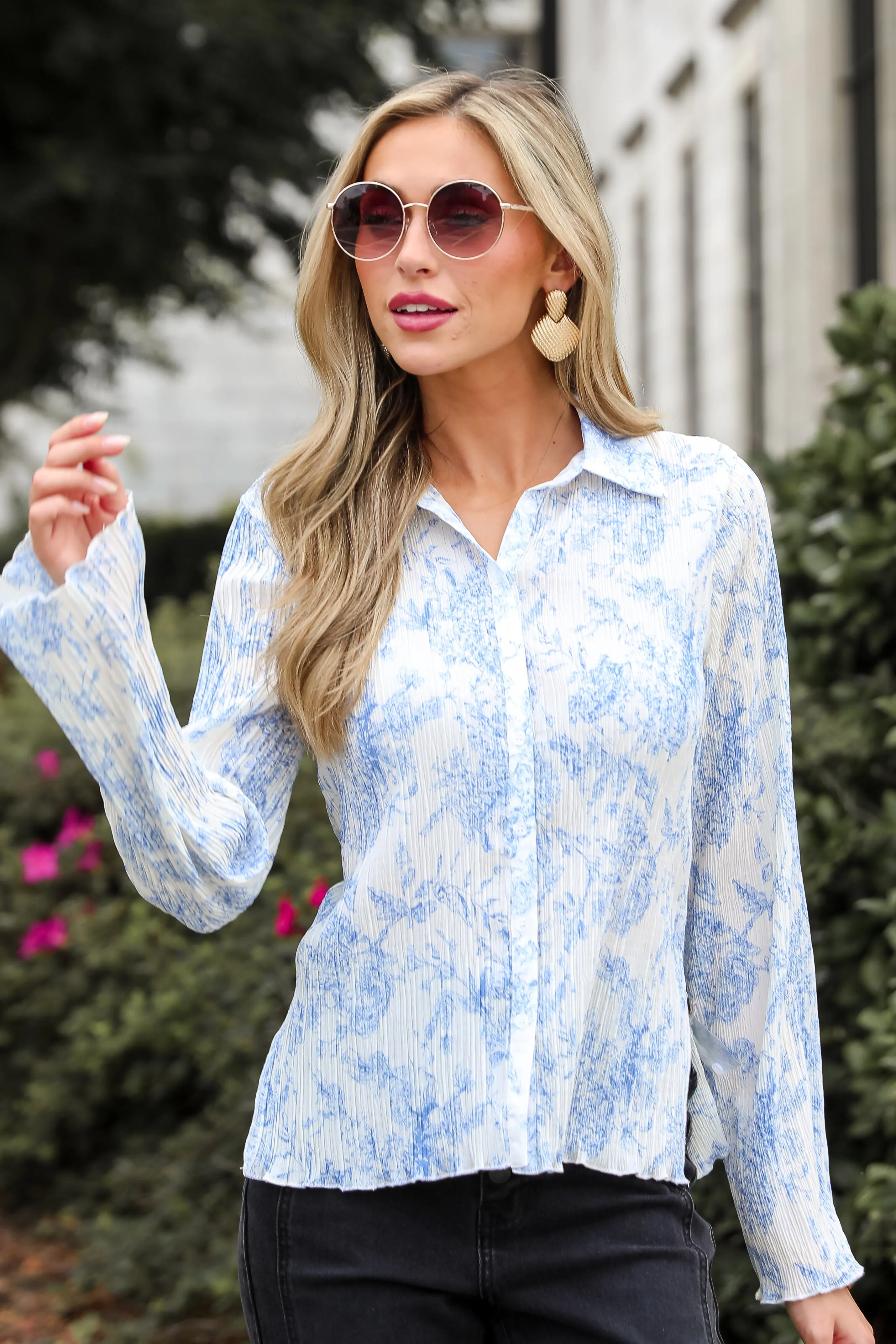 FINAL SALE - Modern Devotion Blue Floral Plisse Button-Up Blouse