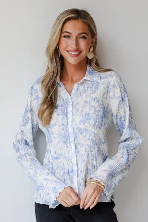 FINAL SALE - Modern Devotion Blue Floral Plisse Button-Up Blouse