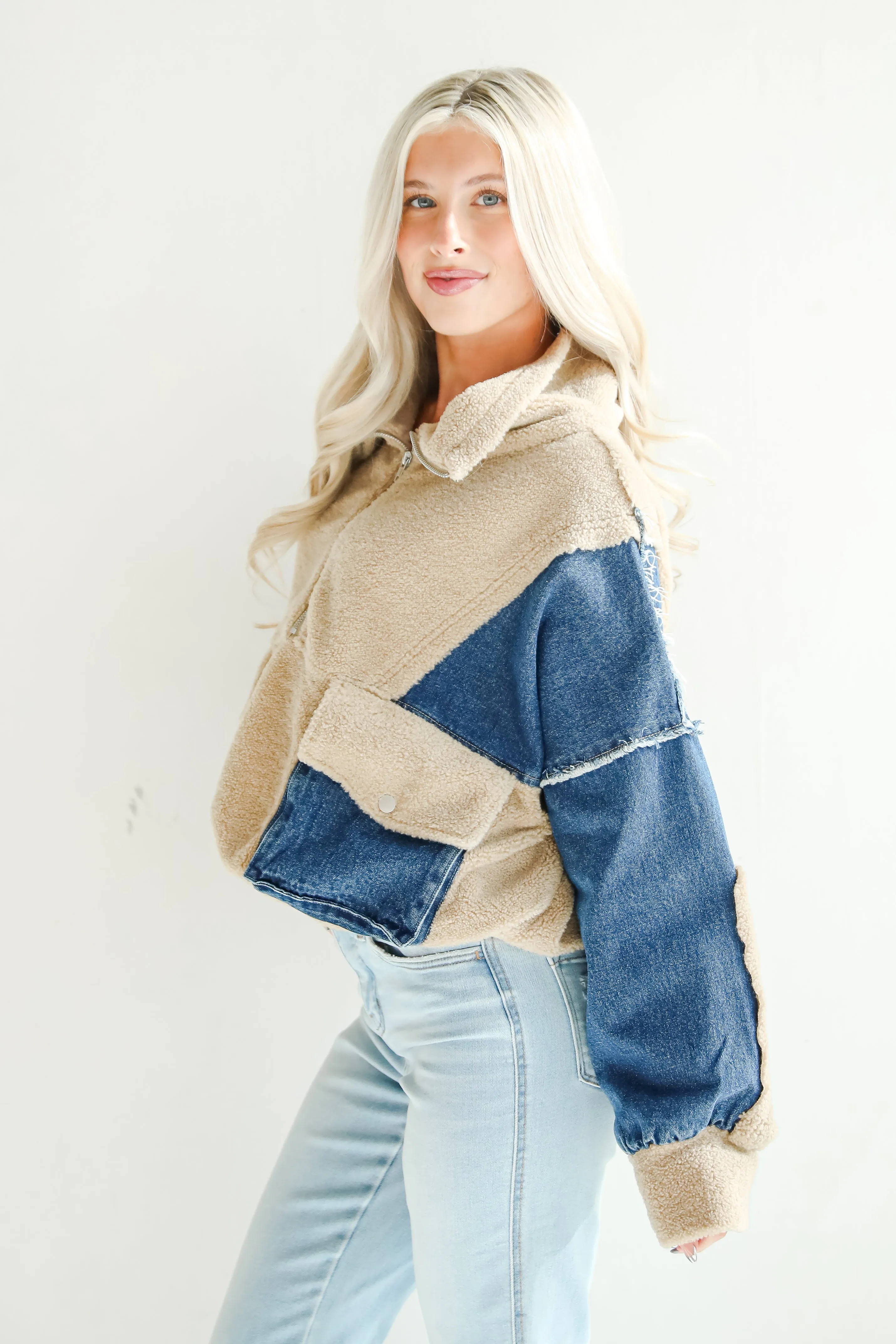 FINAL SALE - Nearest And Dearest Taupe Teddy Denim Quarter Zip Pullover