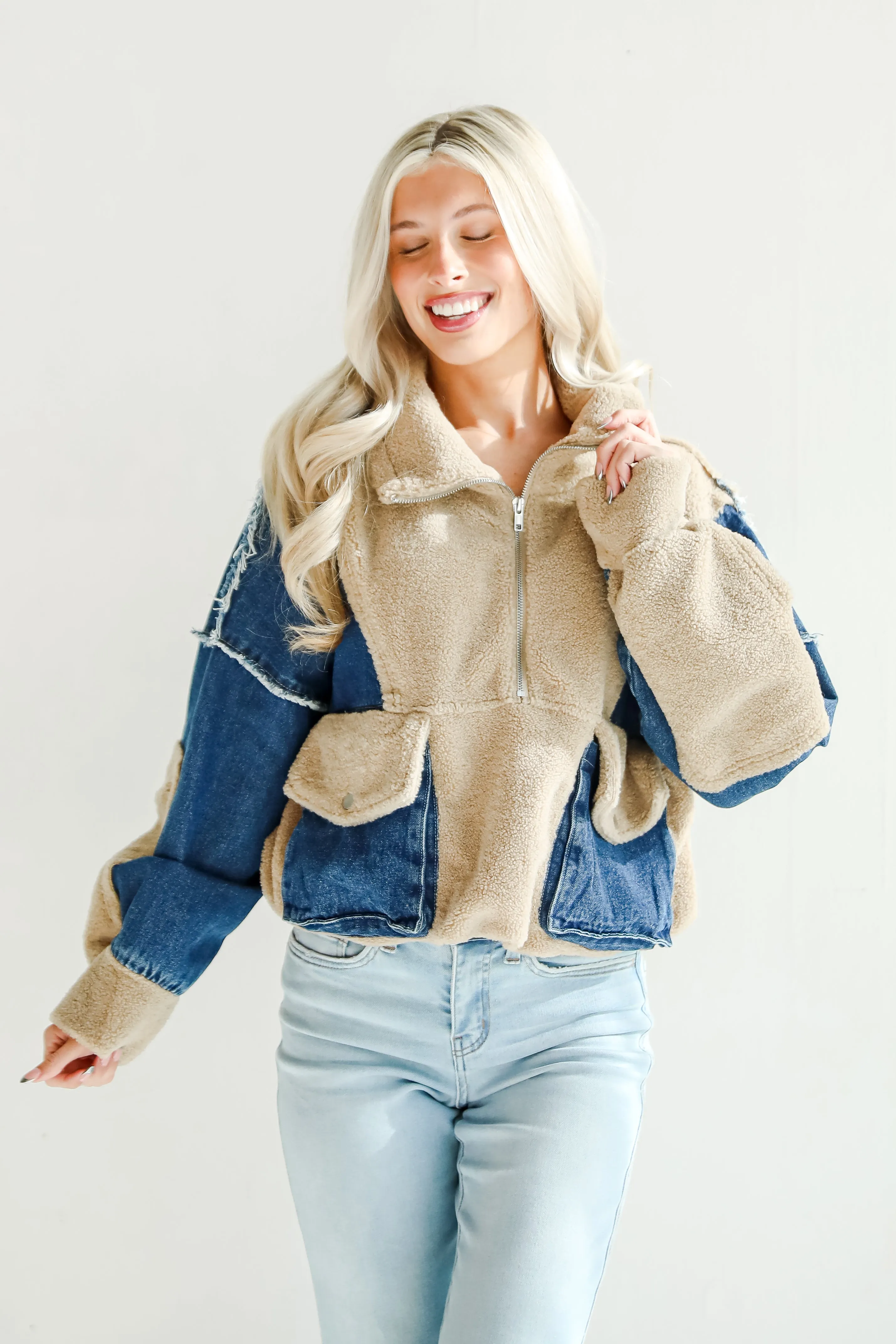FINAL SALE - Nearest And Dearest Taupe Teddy Denim Quarter Zip Pullover
