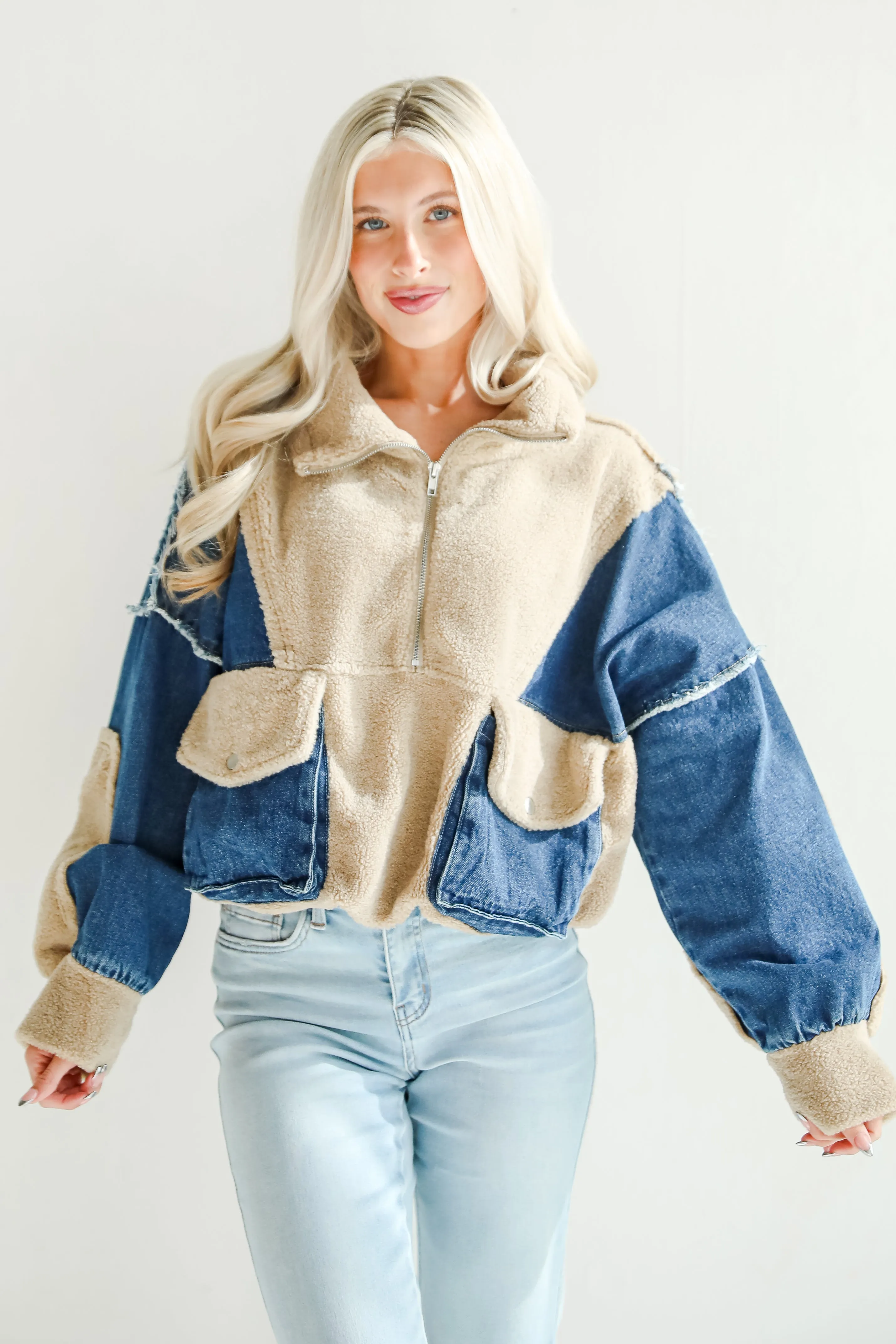 FINAL SALE - Nearest And Dearest Taupe Teddy Denim Quarter Zip Pullover