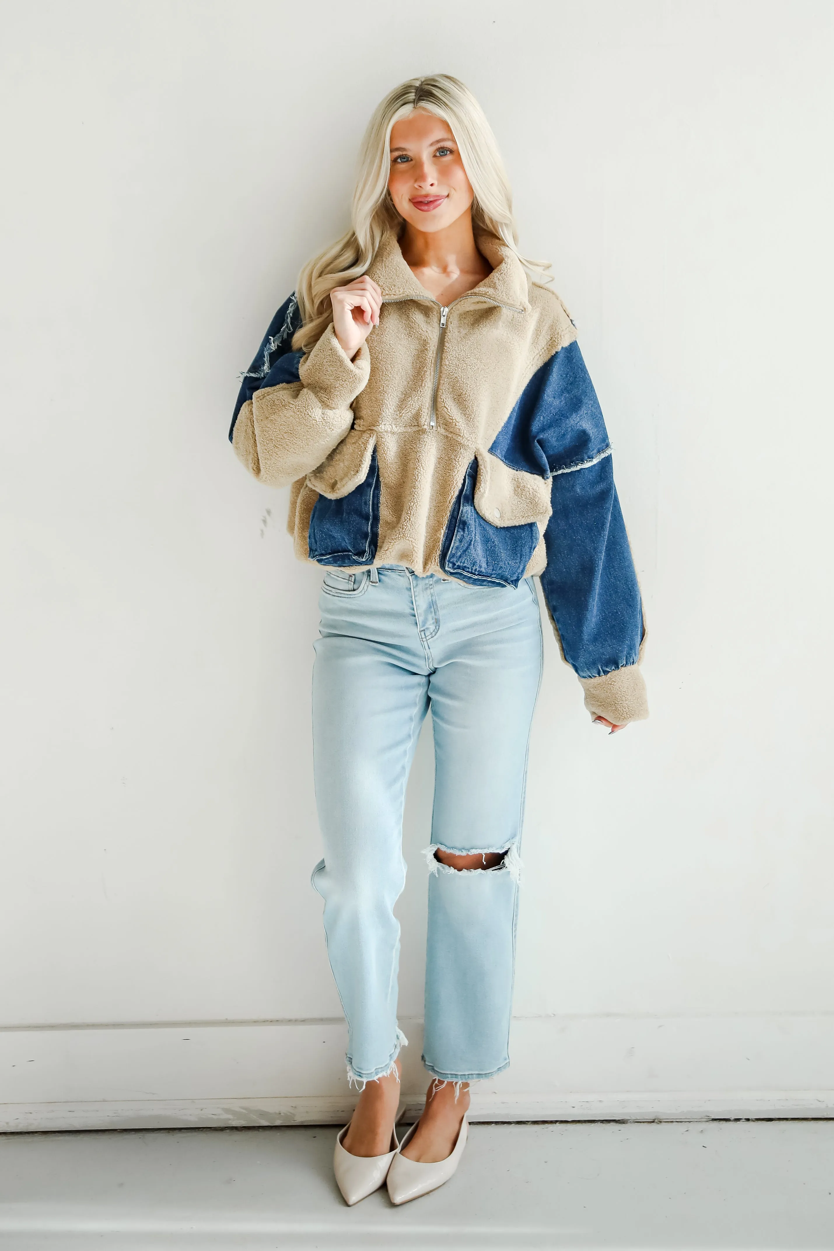FINAL SALE - Nearest And Dearest Taupe Teddy Denim Quarter Zip Pullover