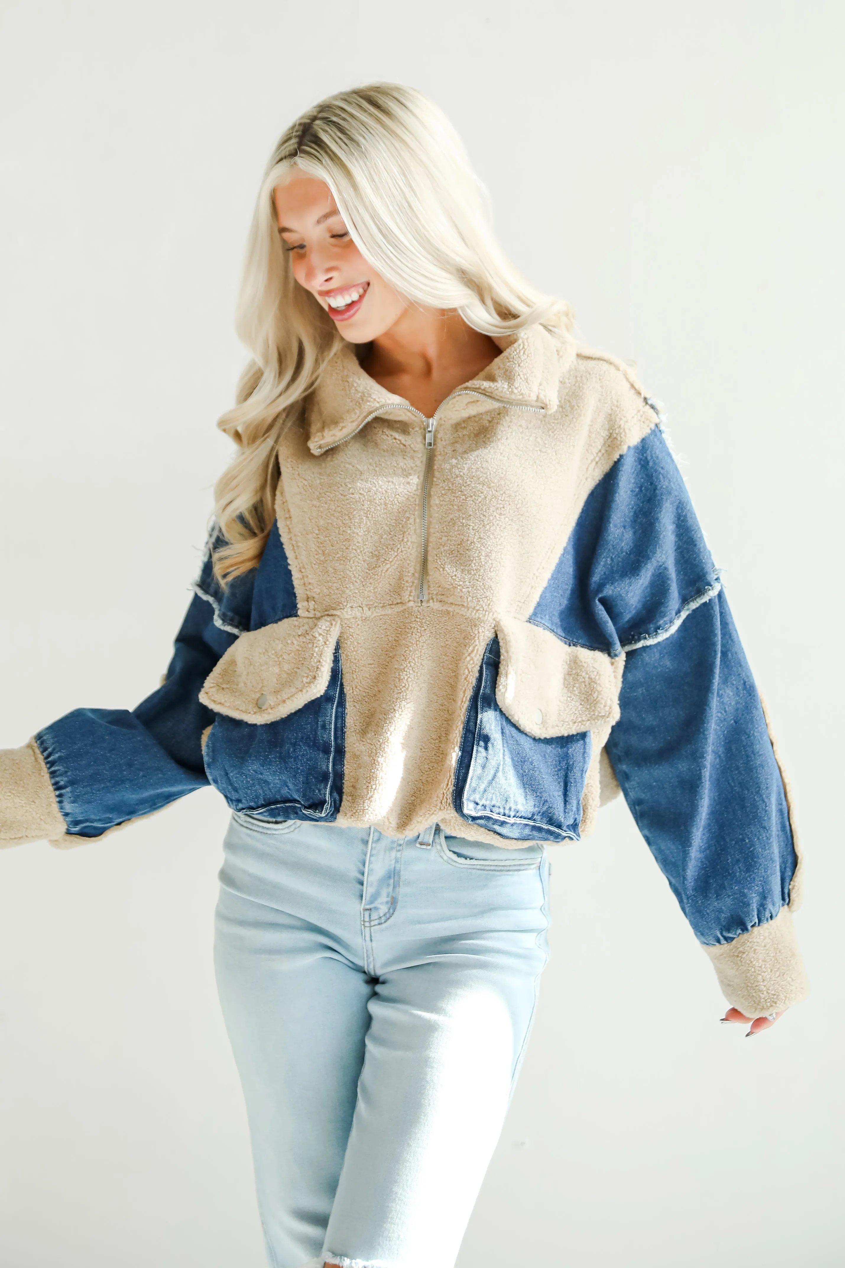 FINAL SALE - Nearest And Dearest Taupe Teddy Denim Quarter Zip Pullover