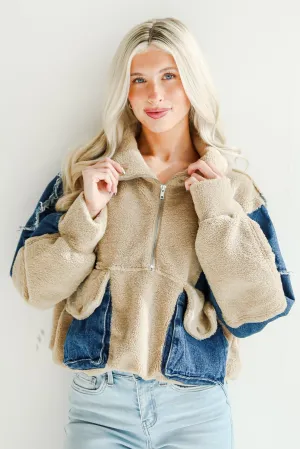 FINAL SALE - Nearest And Dearest Taupe Teddy Denim Quarter Zip Pullover
