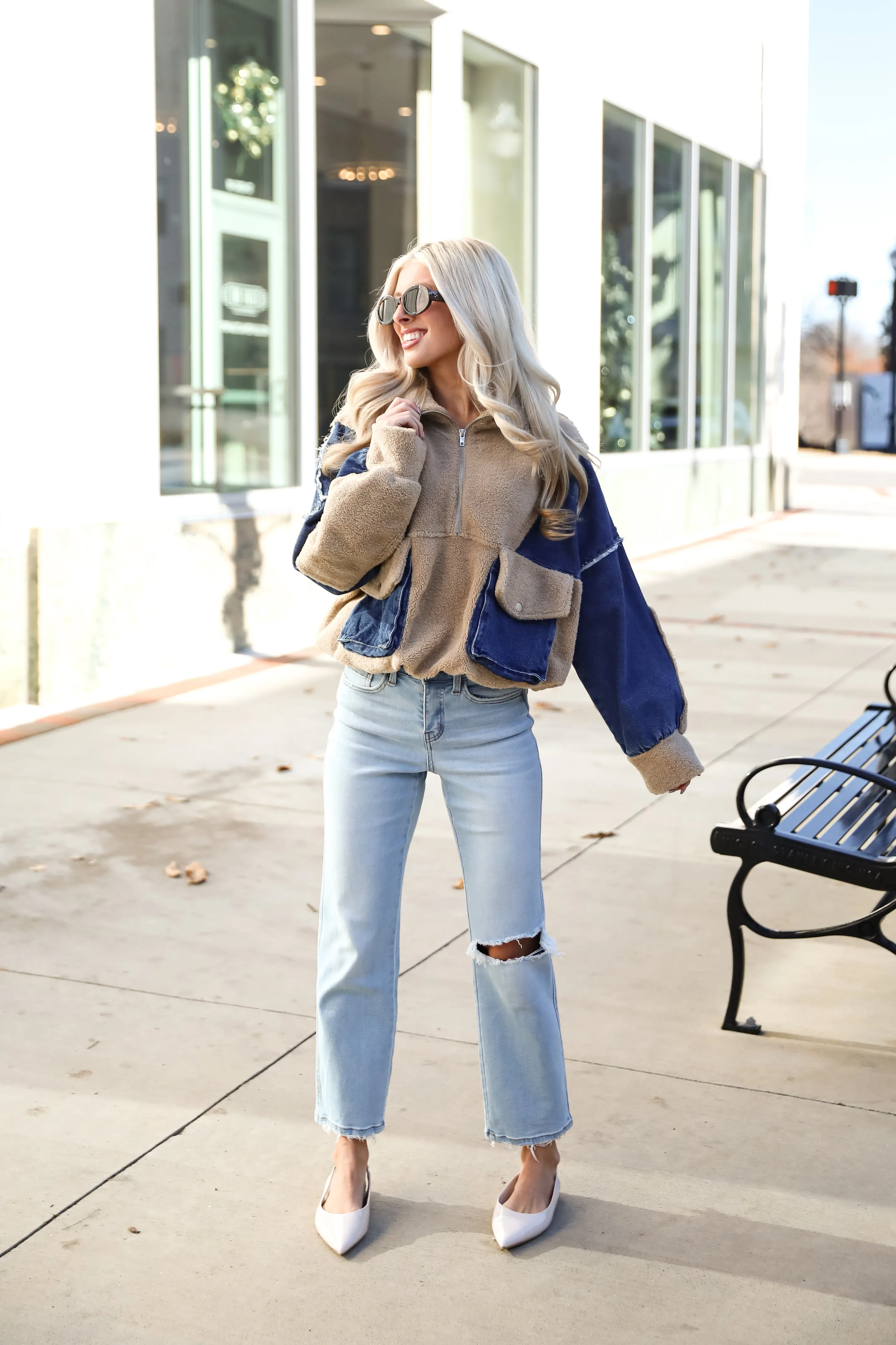 FINAL SALE - Nearest And Dearest Taupe Teddy Denim Quarter Zip Pullover