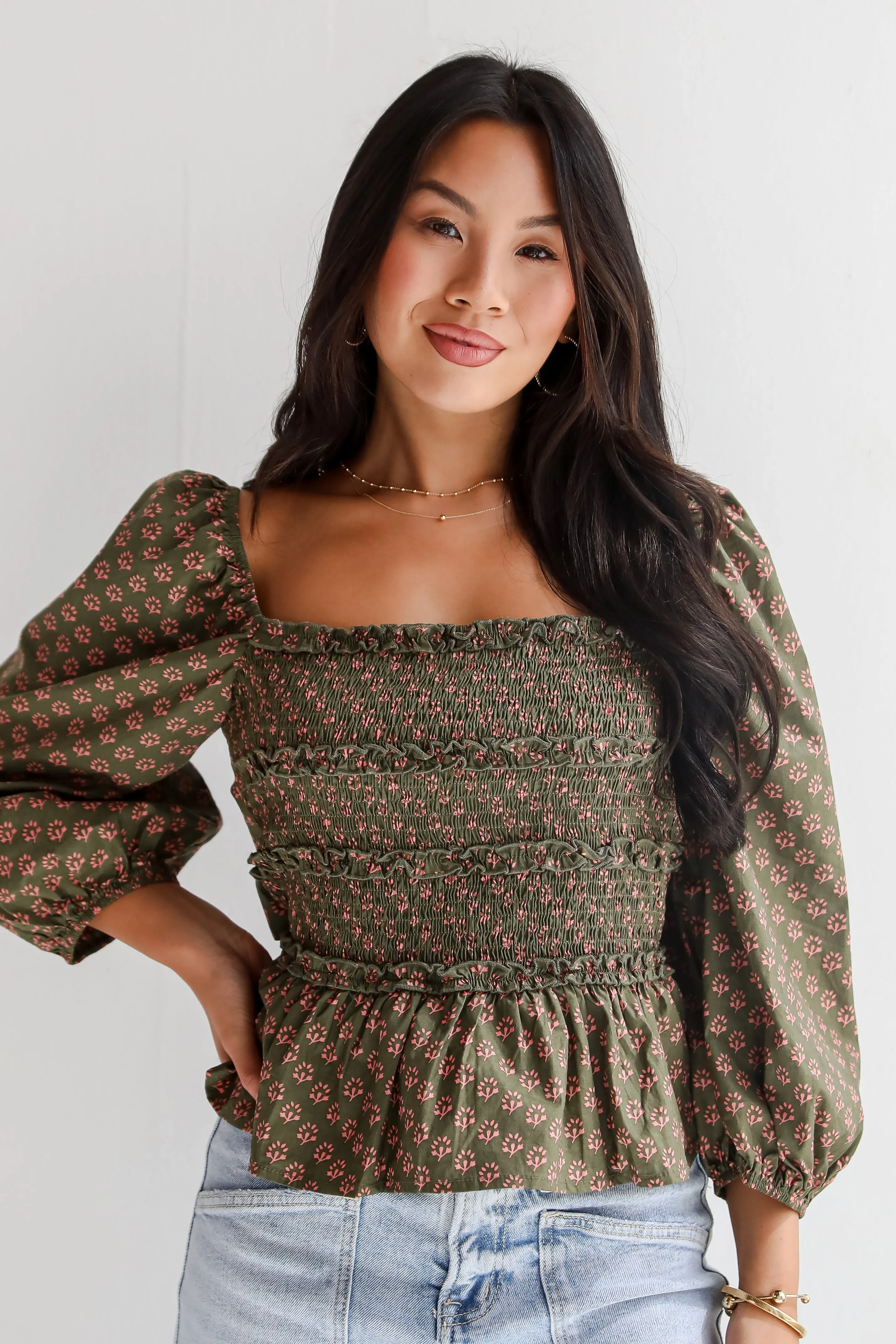 FINAL SALE - No One Cuter Olive Floral Smocked Blouse