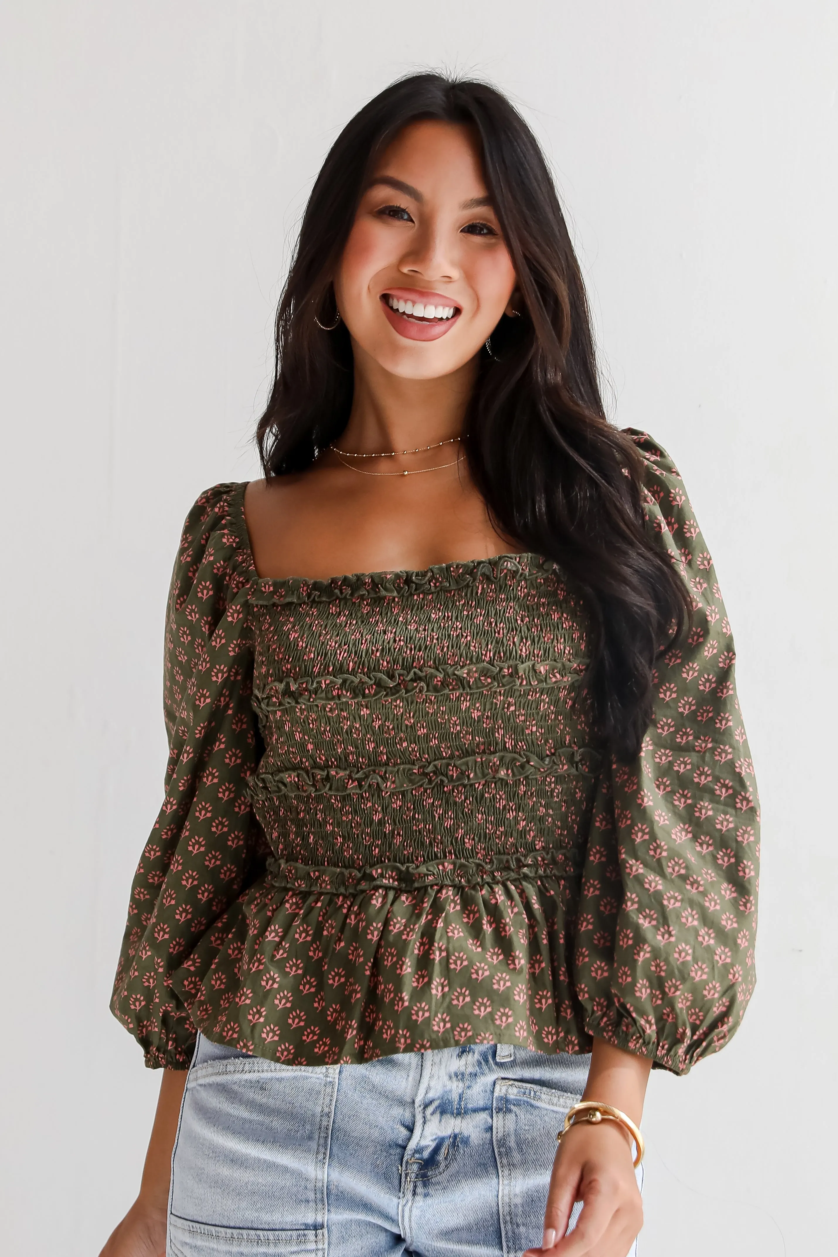 FINAL SALE - No One Cuter Olive Floral Smocked Blouse