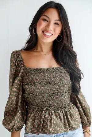 FINAL SALE - No One Cuter Olive Floral Smocked Blouse